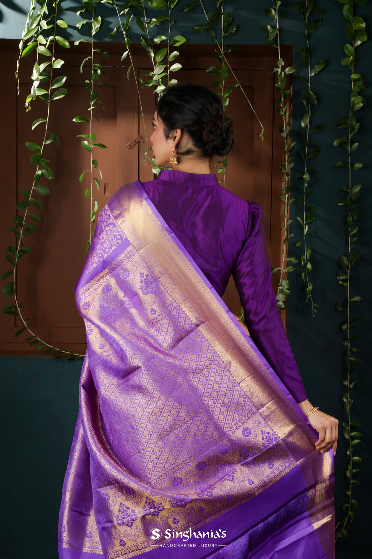 Bright Purple Kanjivaram Silk Saree With Floral Pattern