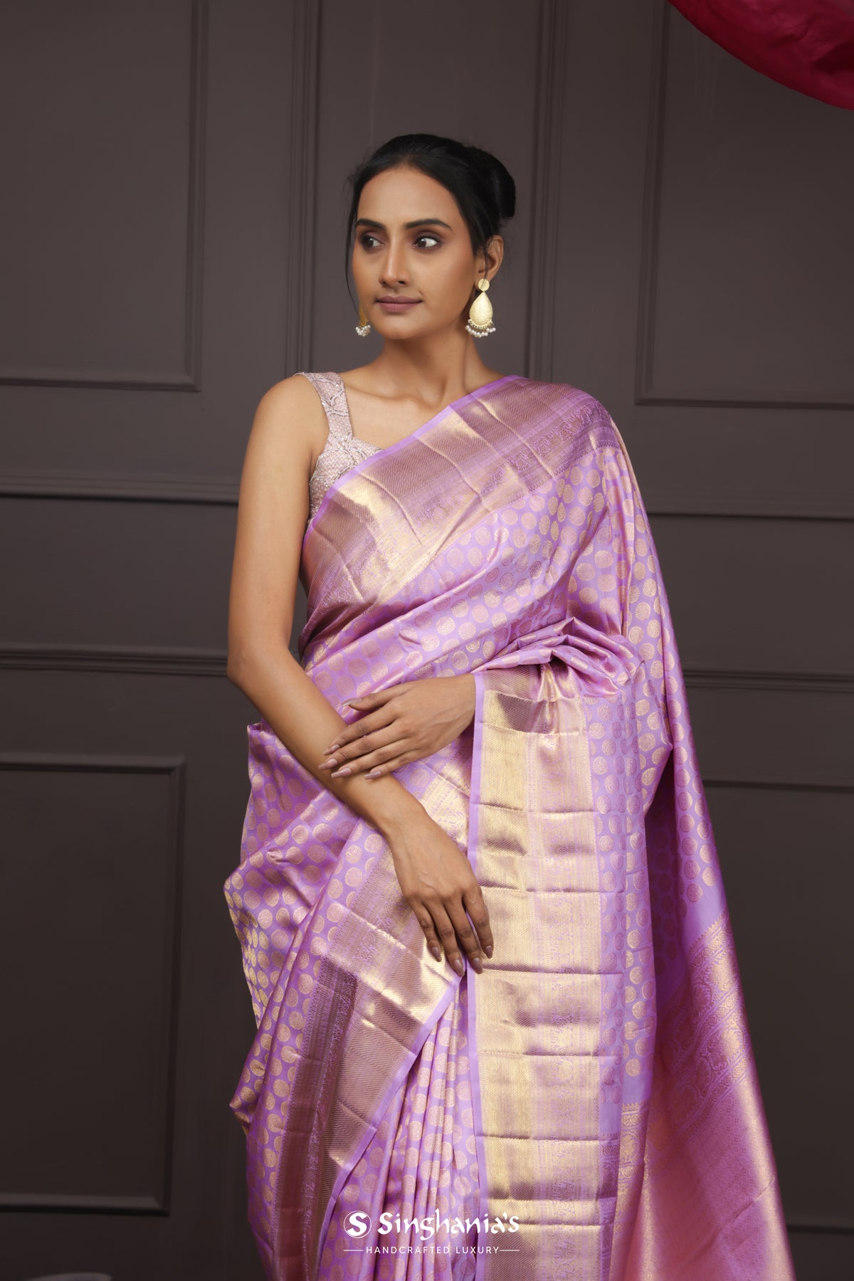 Medium Purple Tissue Kanjivaram Saree With Floral Butta Weaving