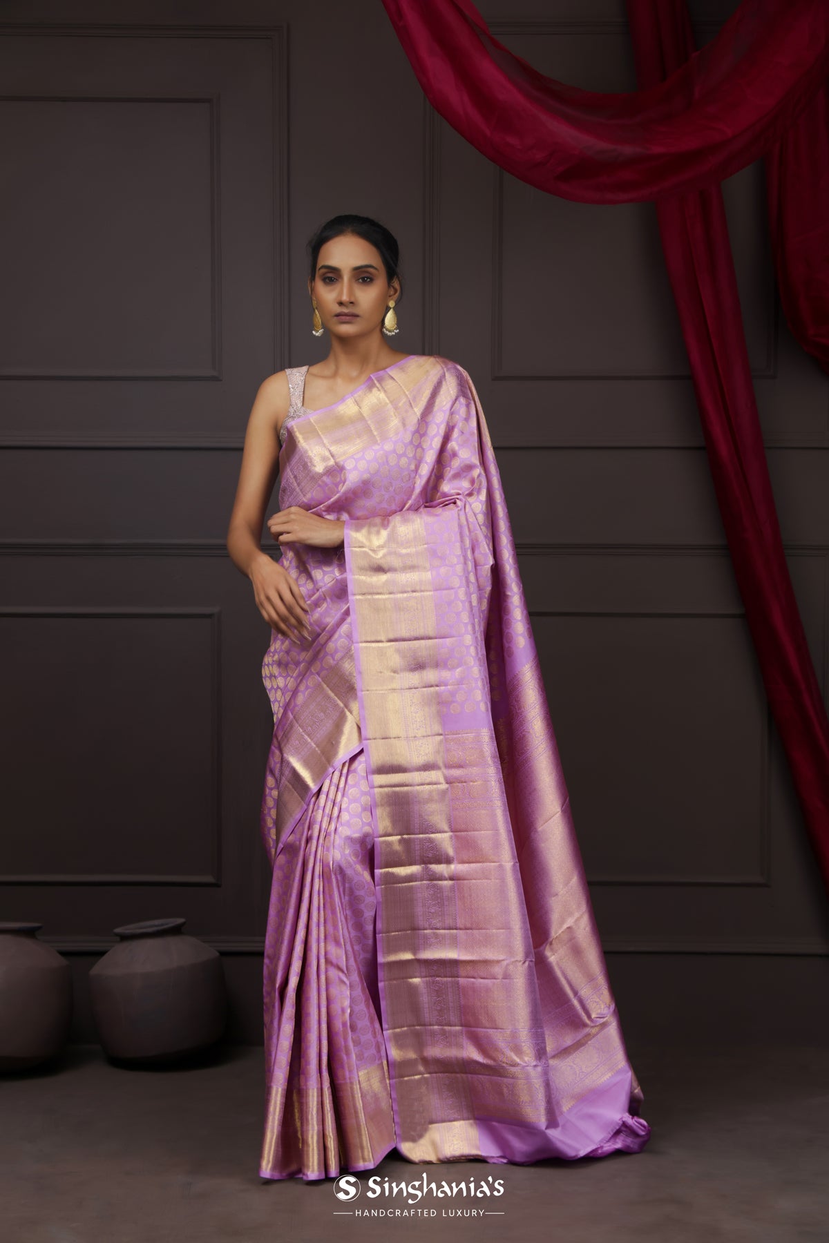 Medium Purple Tissue Kanjivaram Saree With Floral Butta Weaving