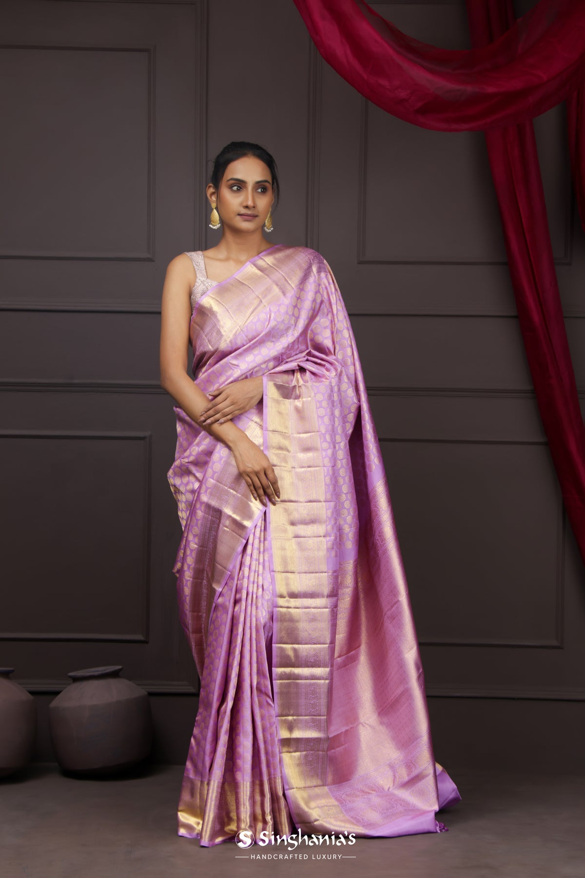 Medium Purple Tissue Kanjivaram Saree With Floral Butta Weaving