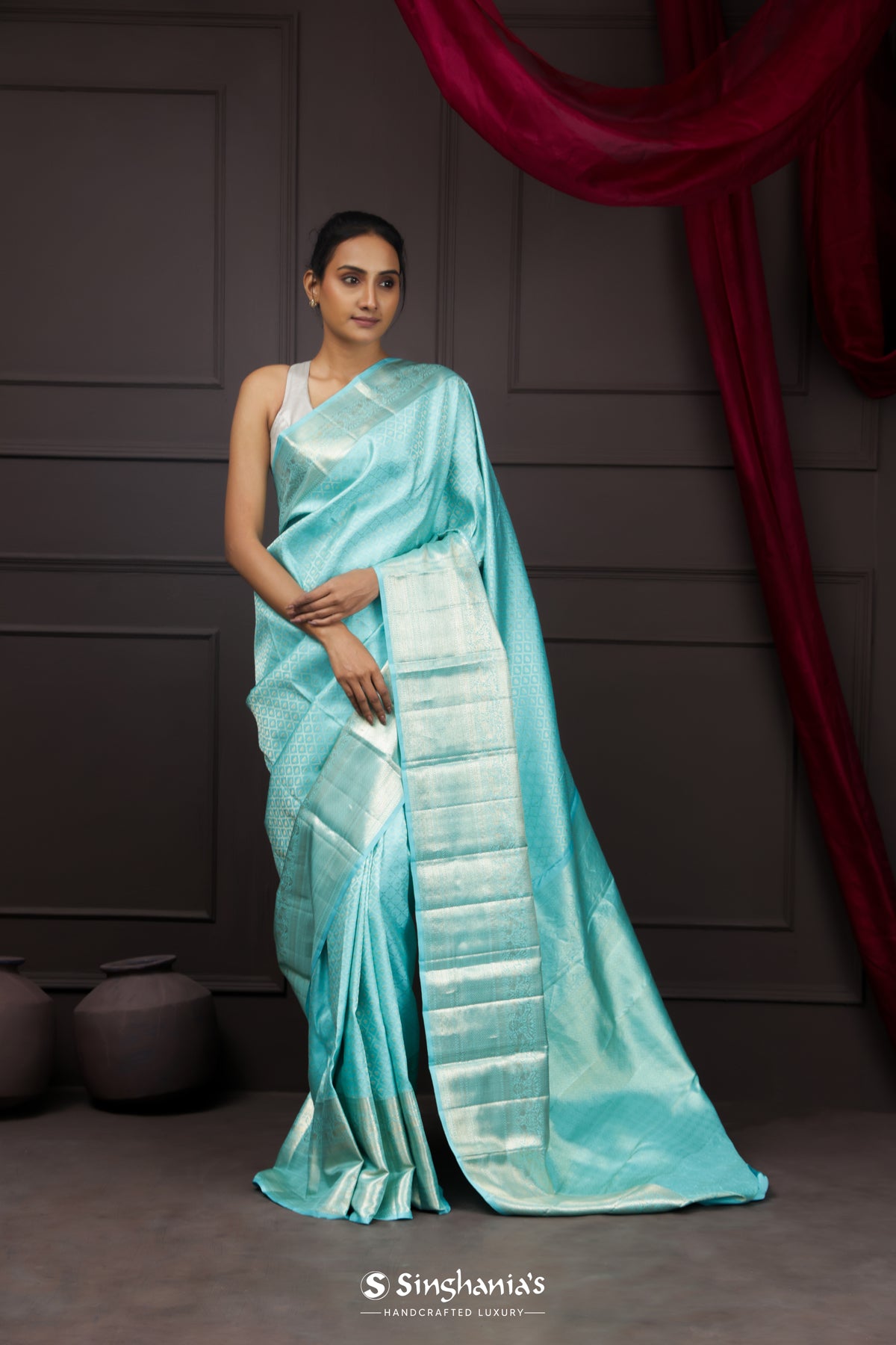 Aqua Blue Kanjivaram Silk Saree With Floral Jaal Weaving