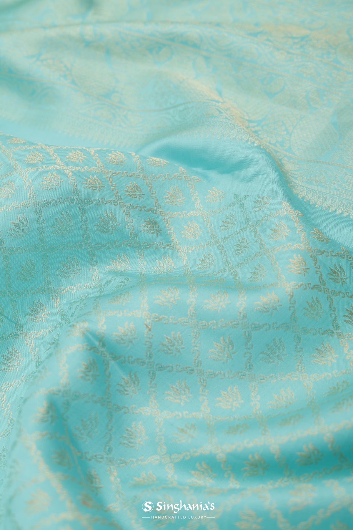 Aqua Blue Kanjivaram Silk Saree With Floral Jaal Weaving