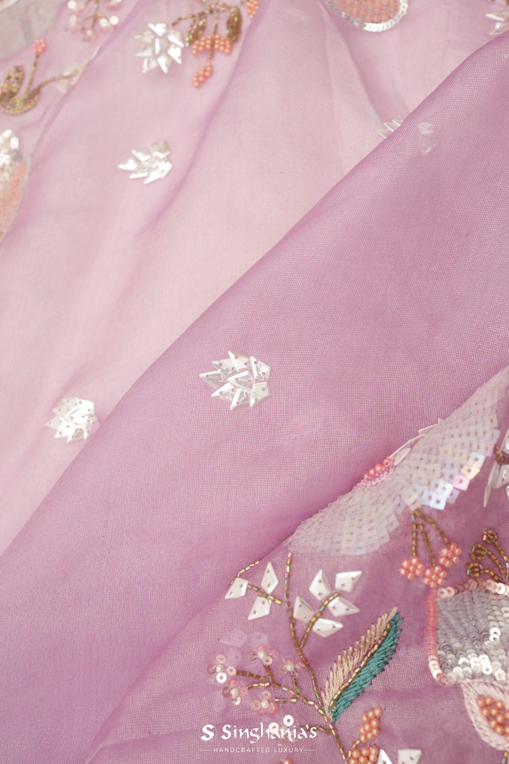 Mauve Purple Designer Organza Saree With Floral Butti Embroidery