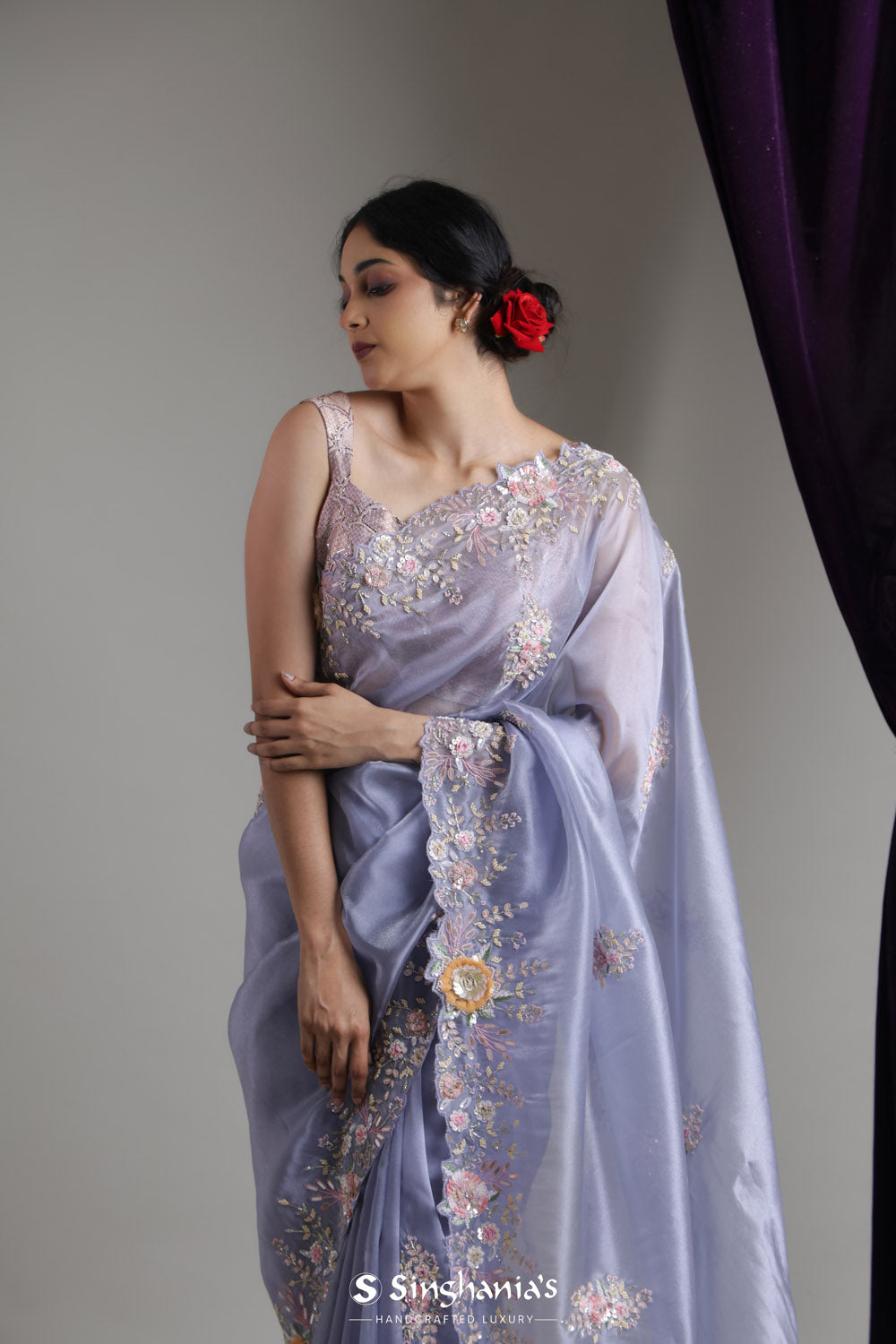 Clematis Blue Designer Organza Saree With Floral Butti Embroidery