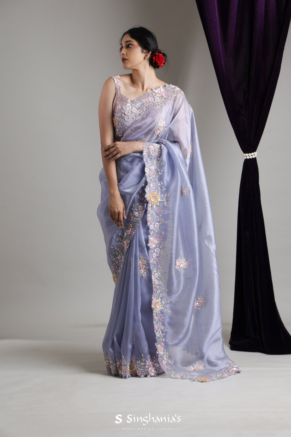 Clematis Blue Designer Organza Saree With Floral Butti Embroidery