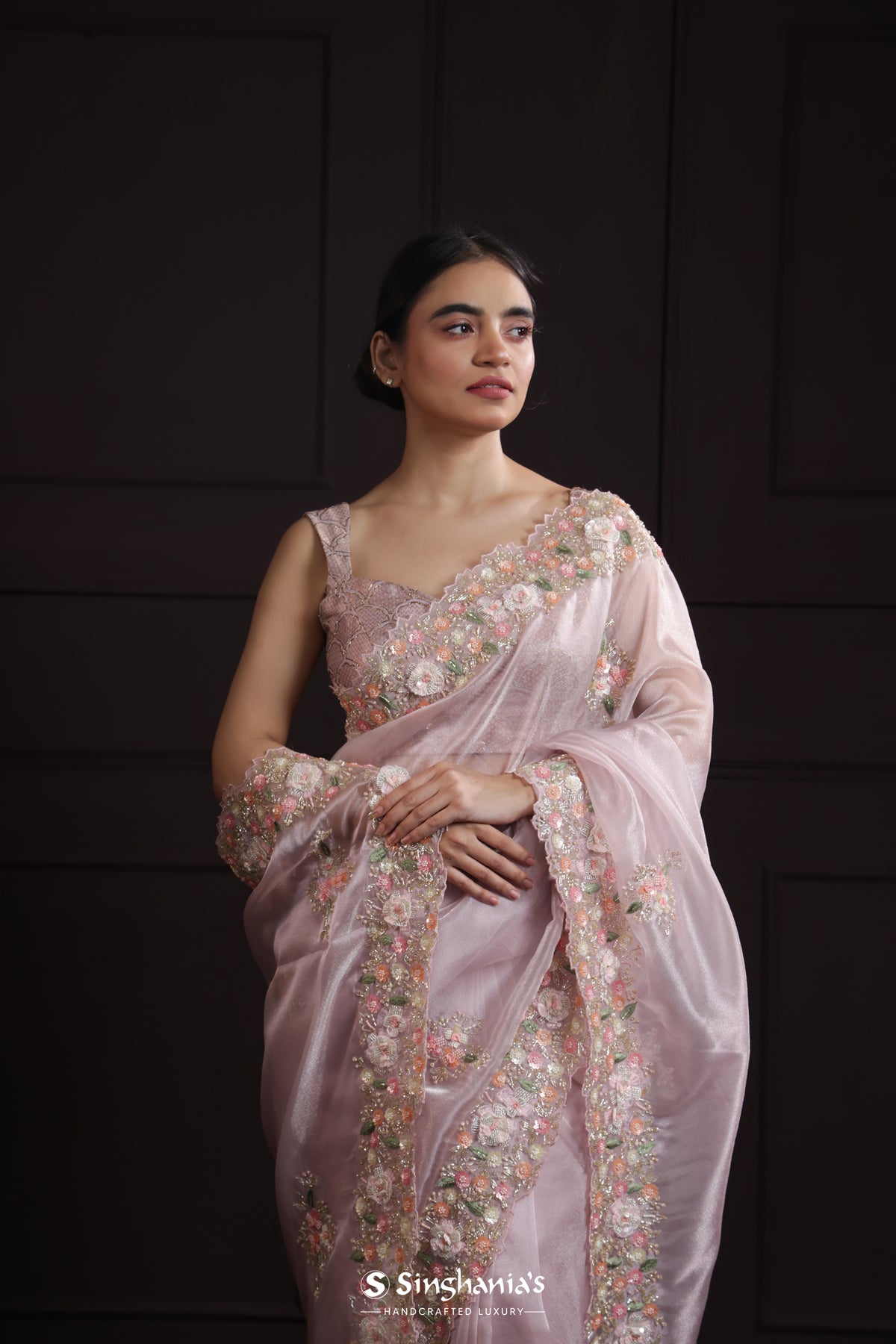 Pale Pink Organza Designer Saree With Jaal Embroidery