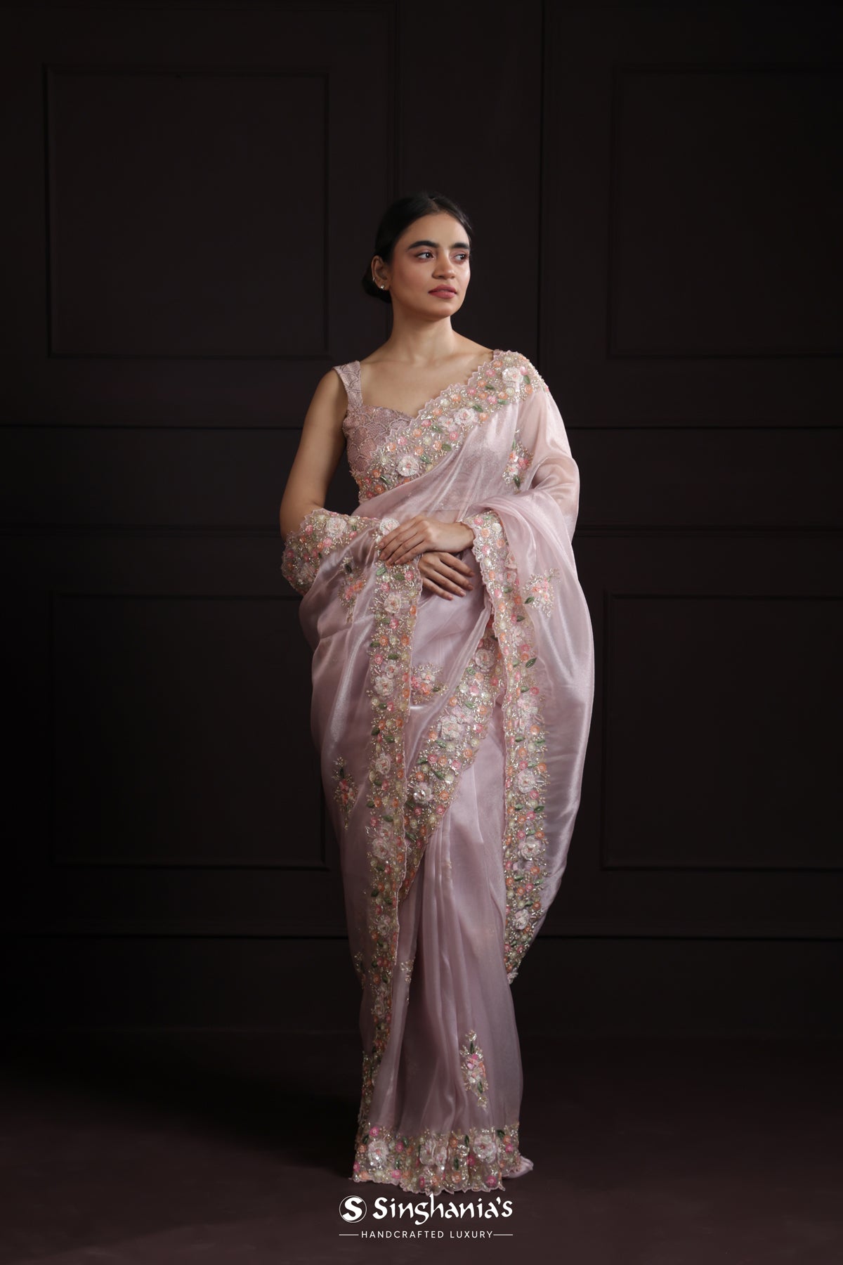 Pale Pink Organza Designer Saree With Jaal Embroidery