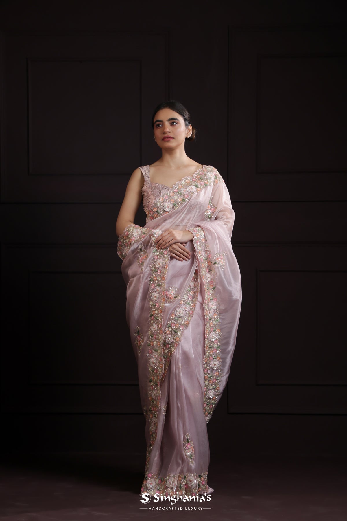 Pale Pink Organza Designer Saree With Jaal Embroidery