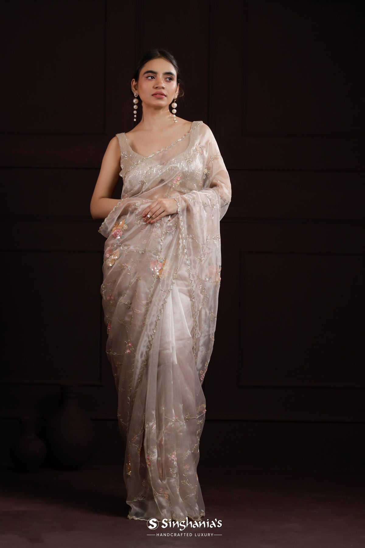 Cinereous Grey Designer Tissue Organza Saree With Hand Embroidery