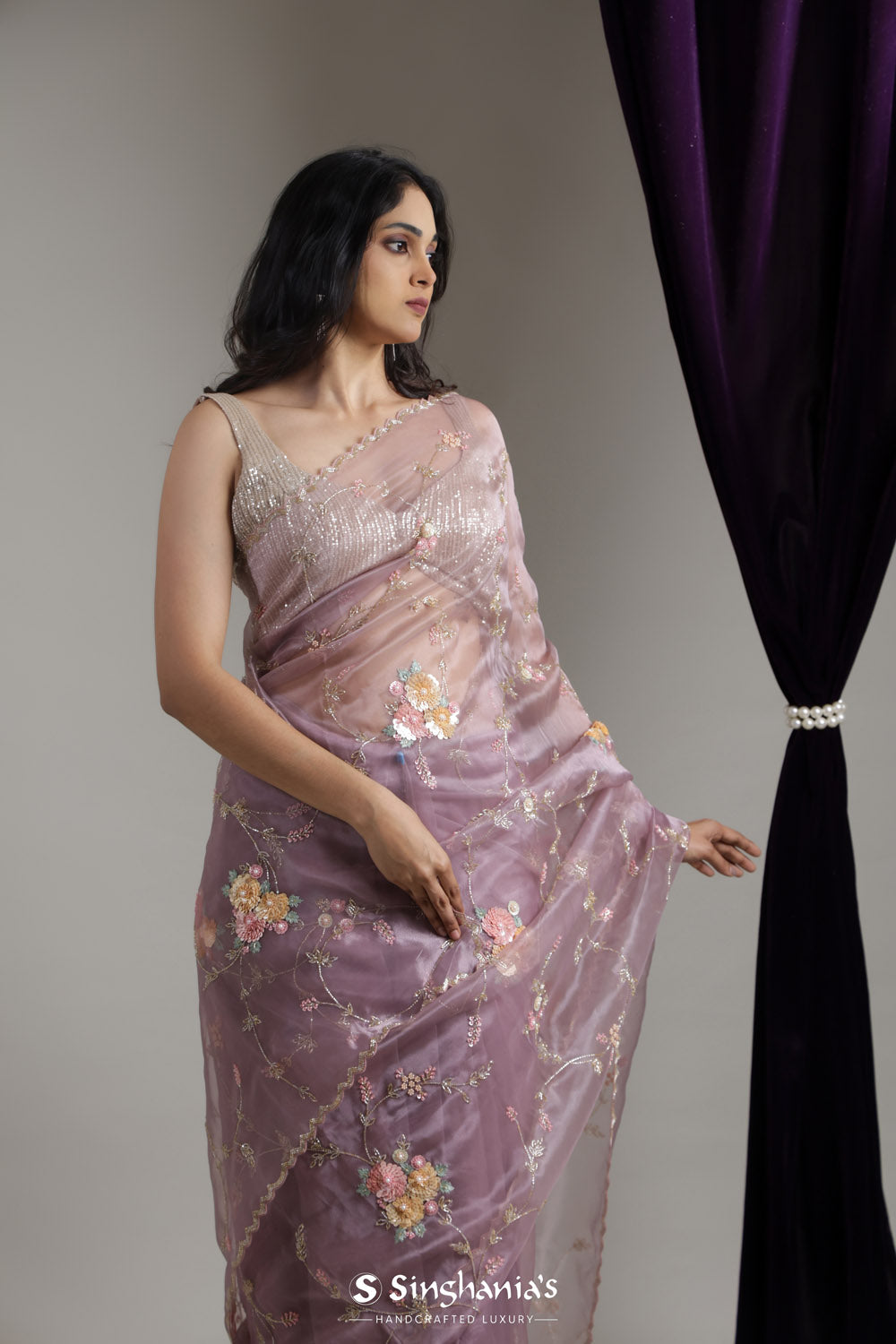 Pale Purple Designer Organza Saree With Hand Embroidery