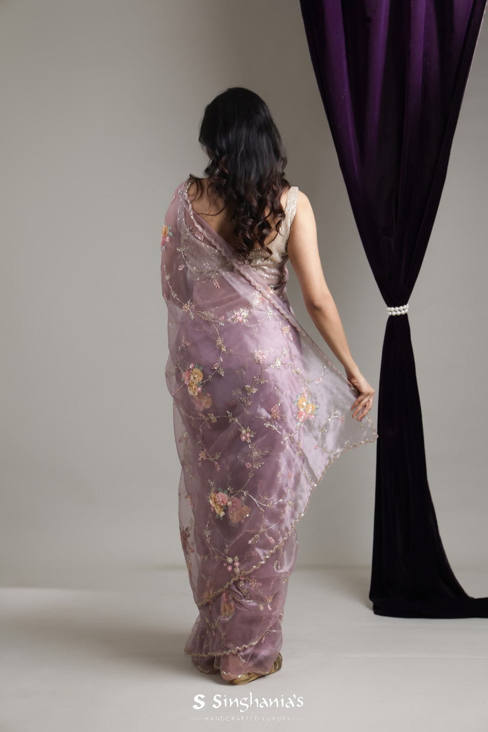 Pale Purple Designer Organza Saree With Hand Embroidery