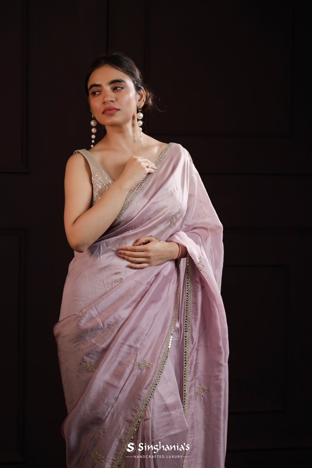 Pale Pink Designer Organza Saree With Hand Embroidery