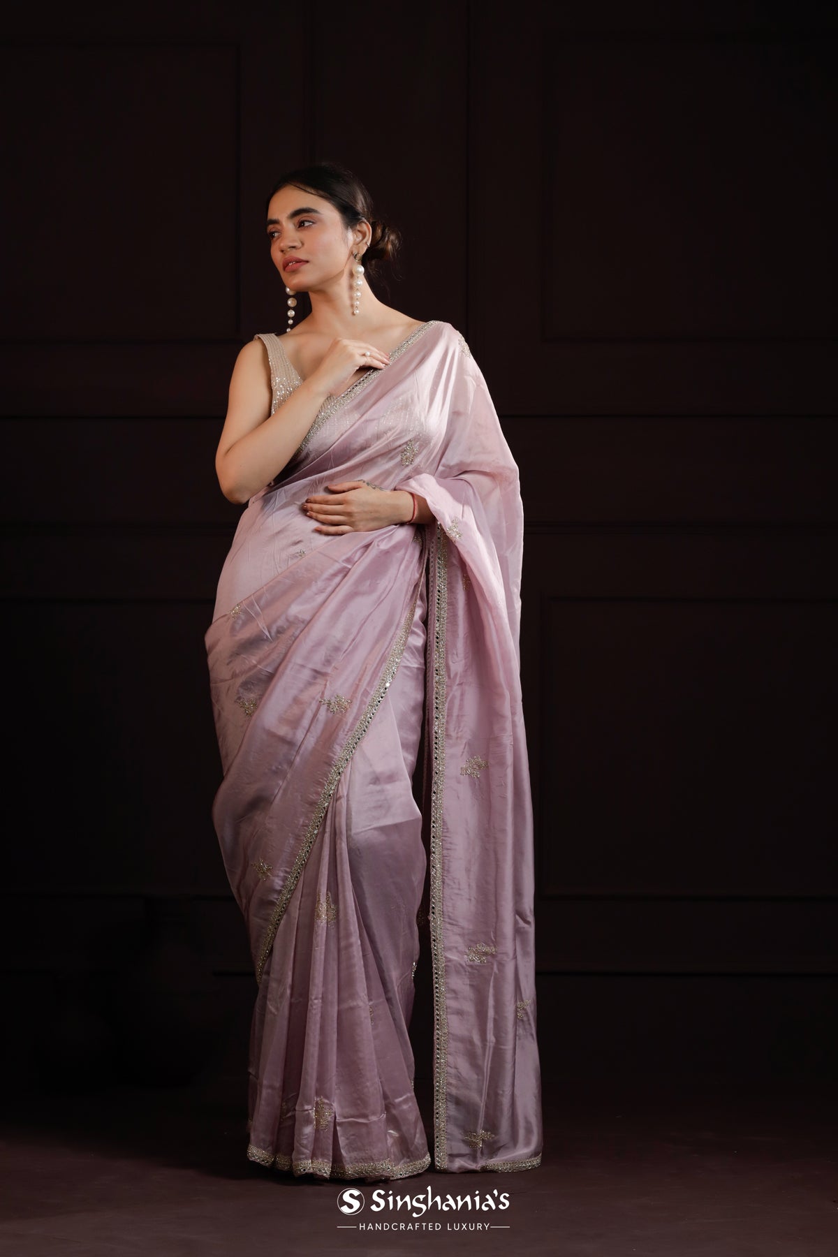 Pale Pink Designer Organza Saree With Hand Embroidery