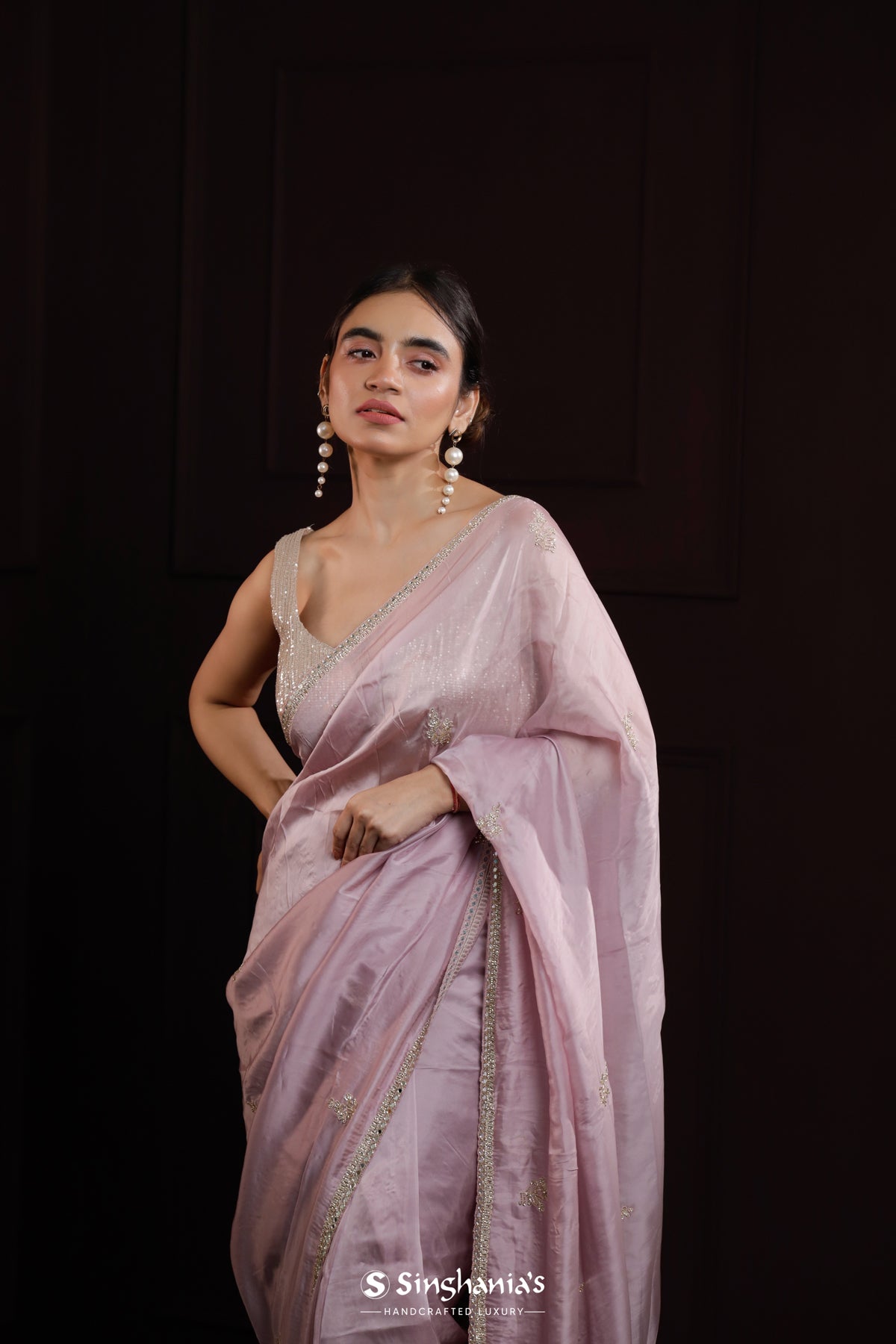 Pale Pink Designer Organza Saree With Hand Embroidery