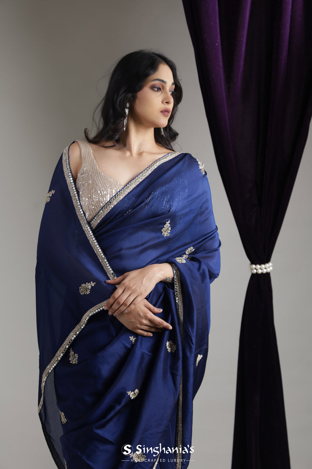 Prussian Blue Organza Saree With Hand Embroidery