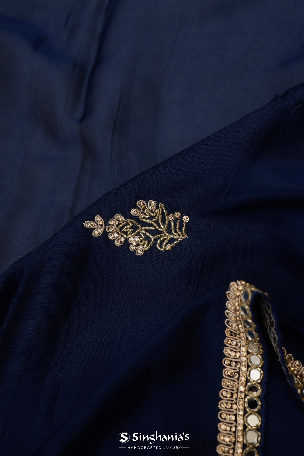 Prussian Blue Organza Saree With Hand Embroidery