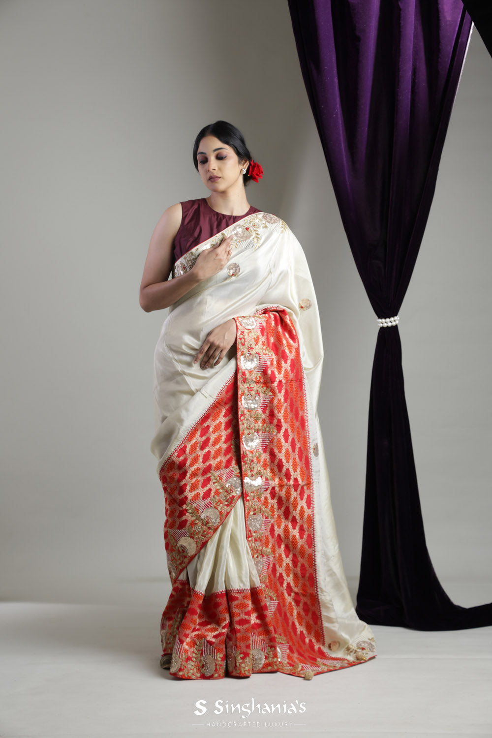 Ivory White Tissue Organza Designer Saree With Hand Embroidery