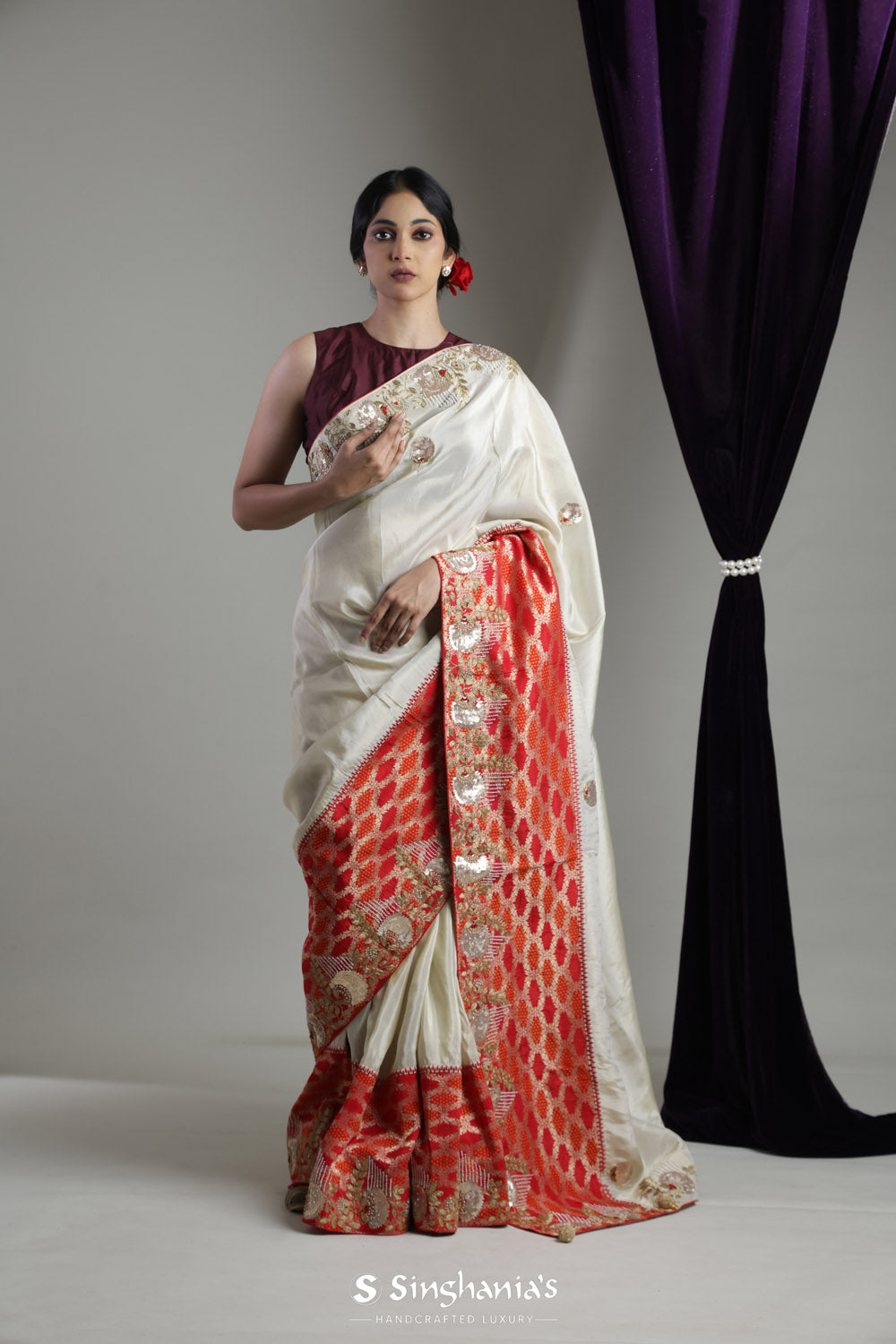 Ivory White Tissue Organza Designer Saree With Hand Embroidery