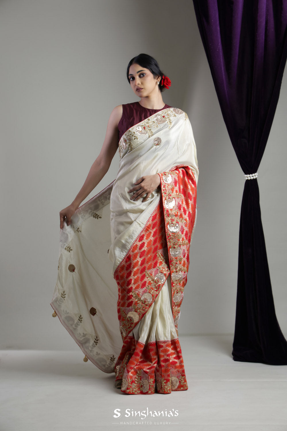 Ivory White Tissue Organza Designer Saree With Hand Embroidery