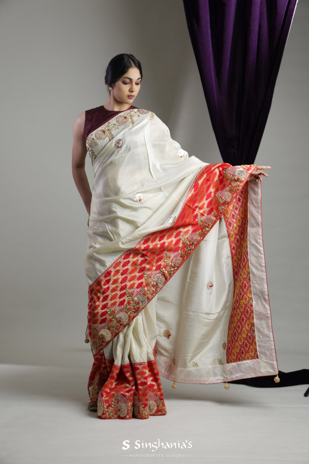 Ivory White Tissue Organza Designer Saree With Hand Embroidery