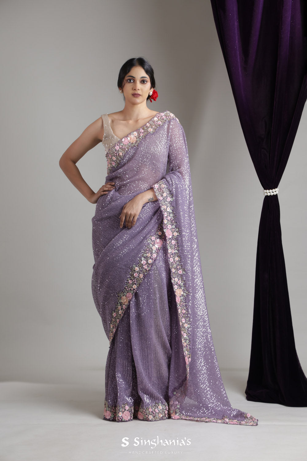 Light Purple Designer Net Saree With Embroidery Border