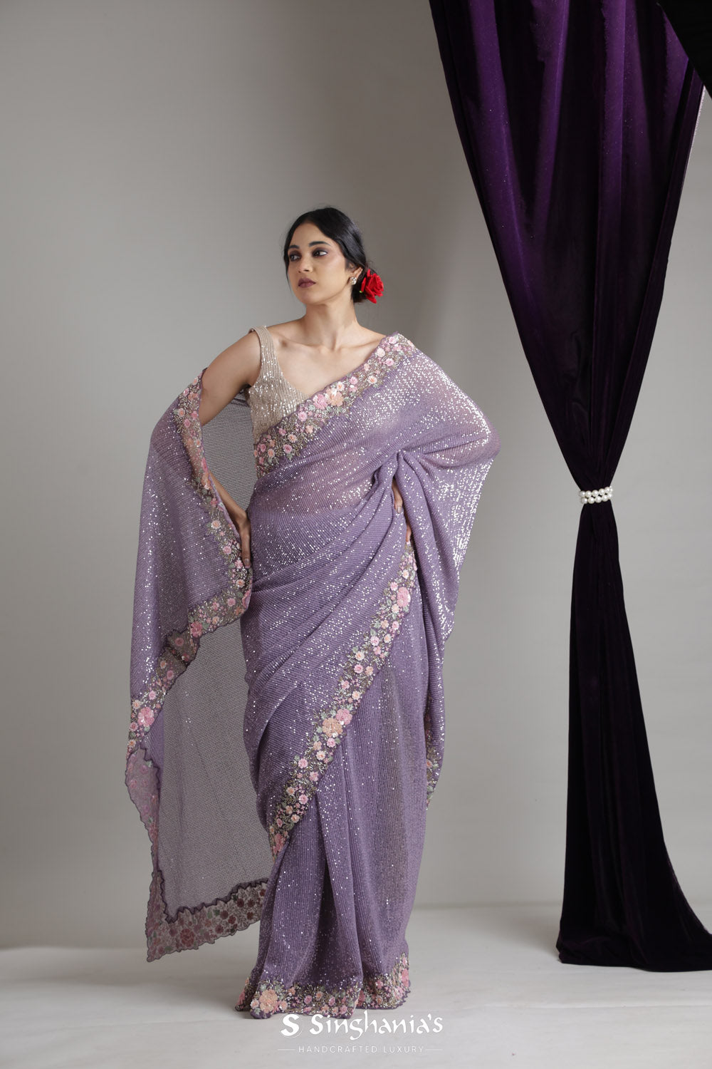 Light Purple Designer Net Saree With Embroidery Border