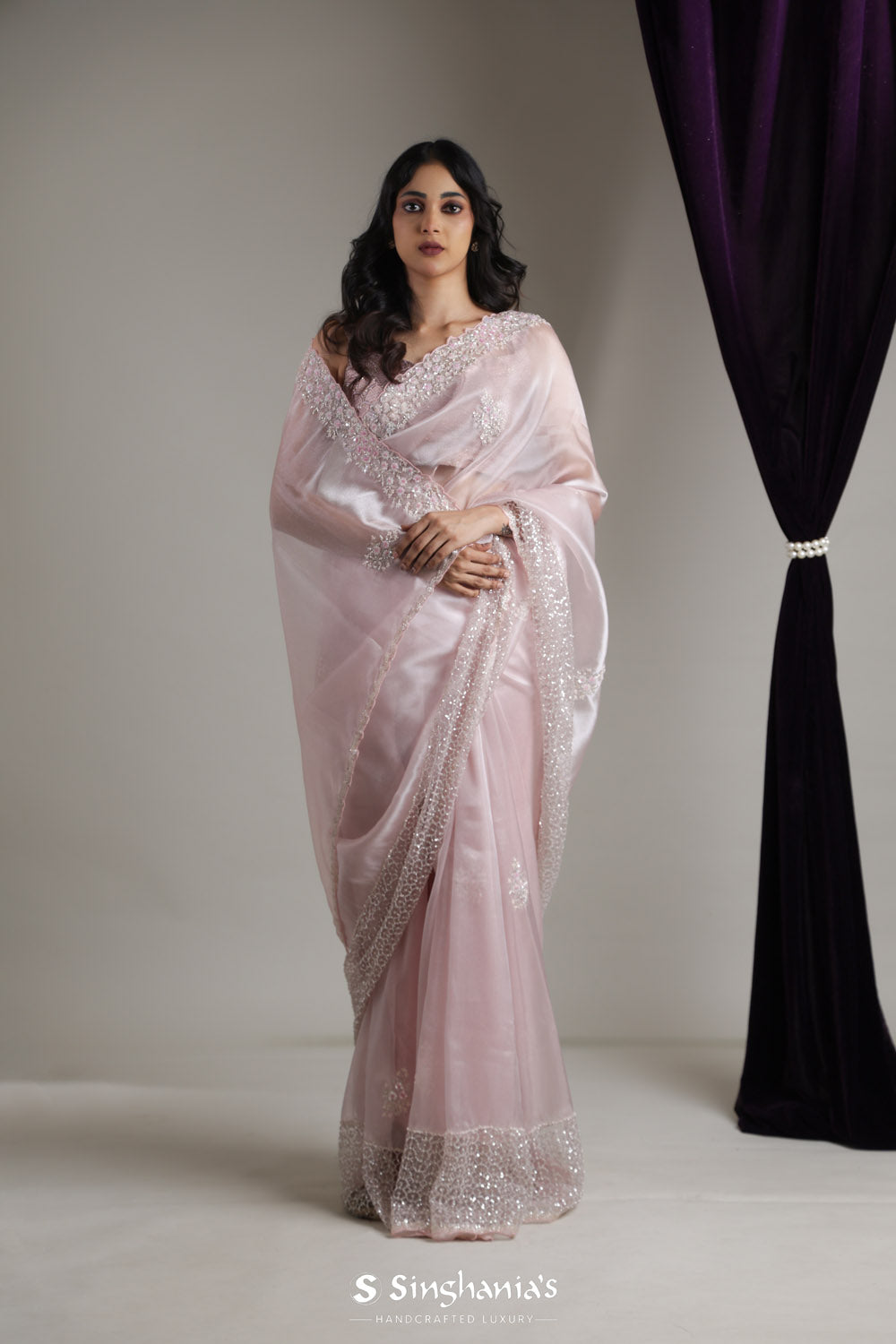 Dusty Pink Designer Organza Saree With Floral Butti Embroidery