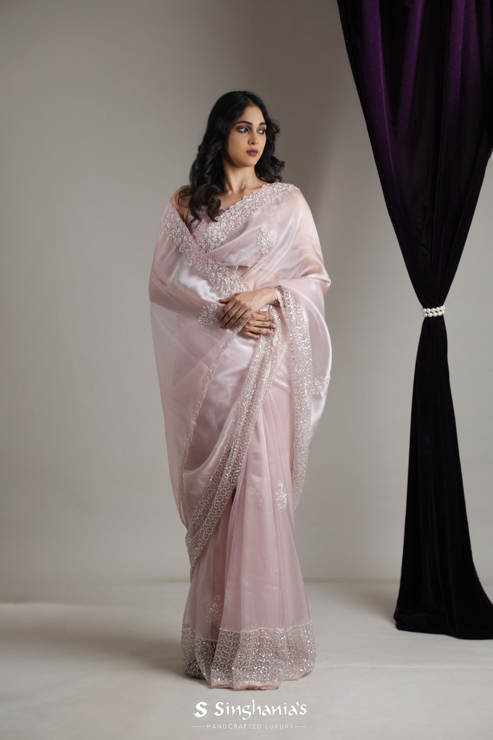 Dusty Pink Designer Organza Saree With Floral Butti Embroidery