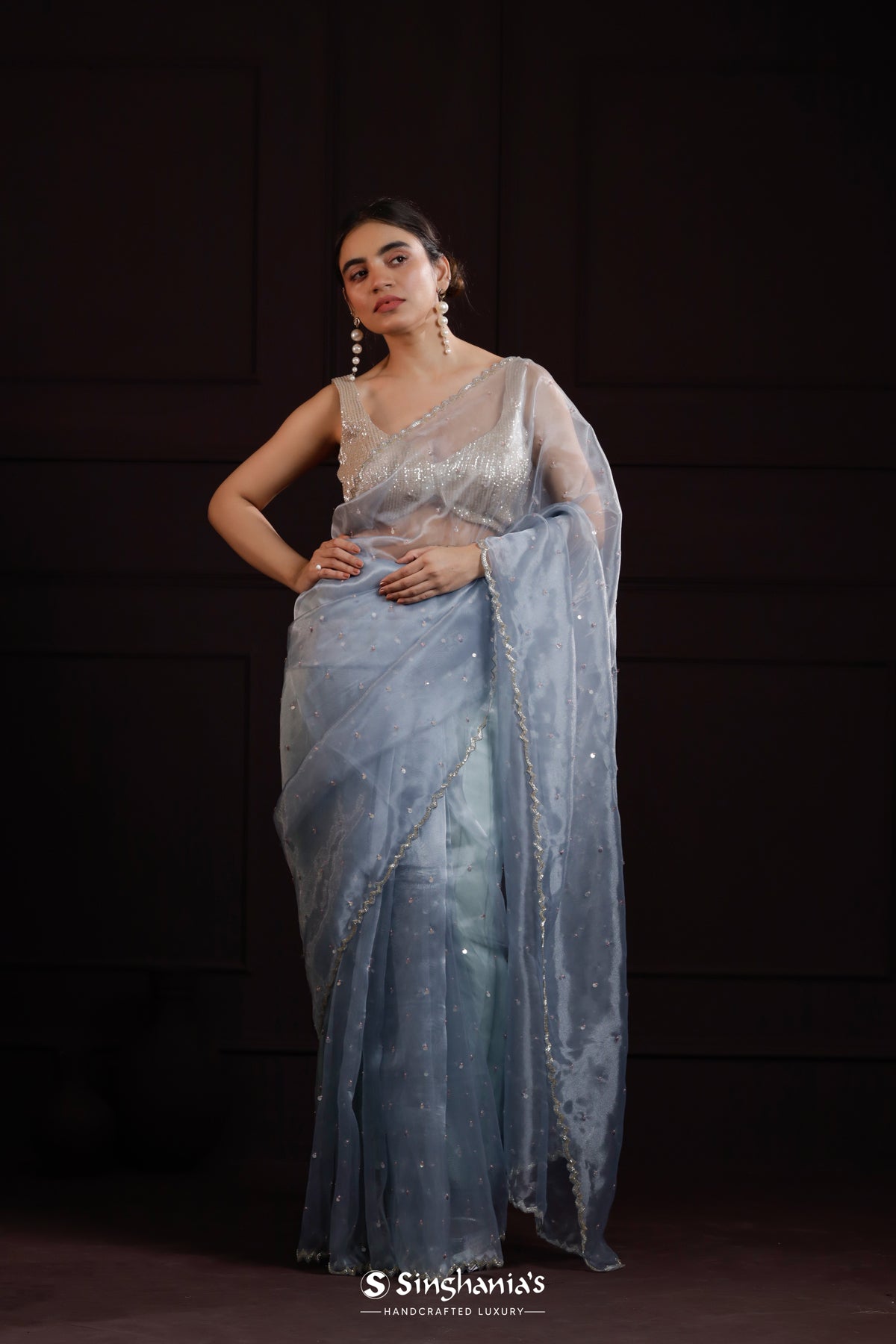 Baby Blue Designer Organza Saree With Hand Embroidery