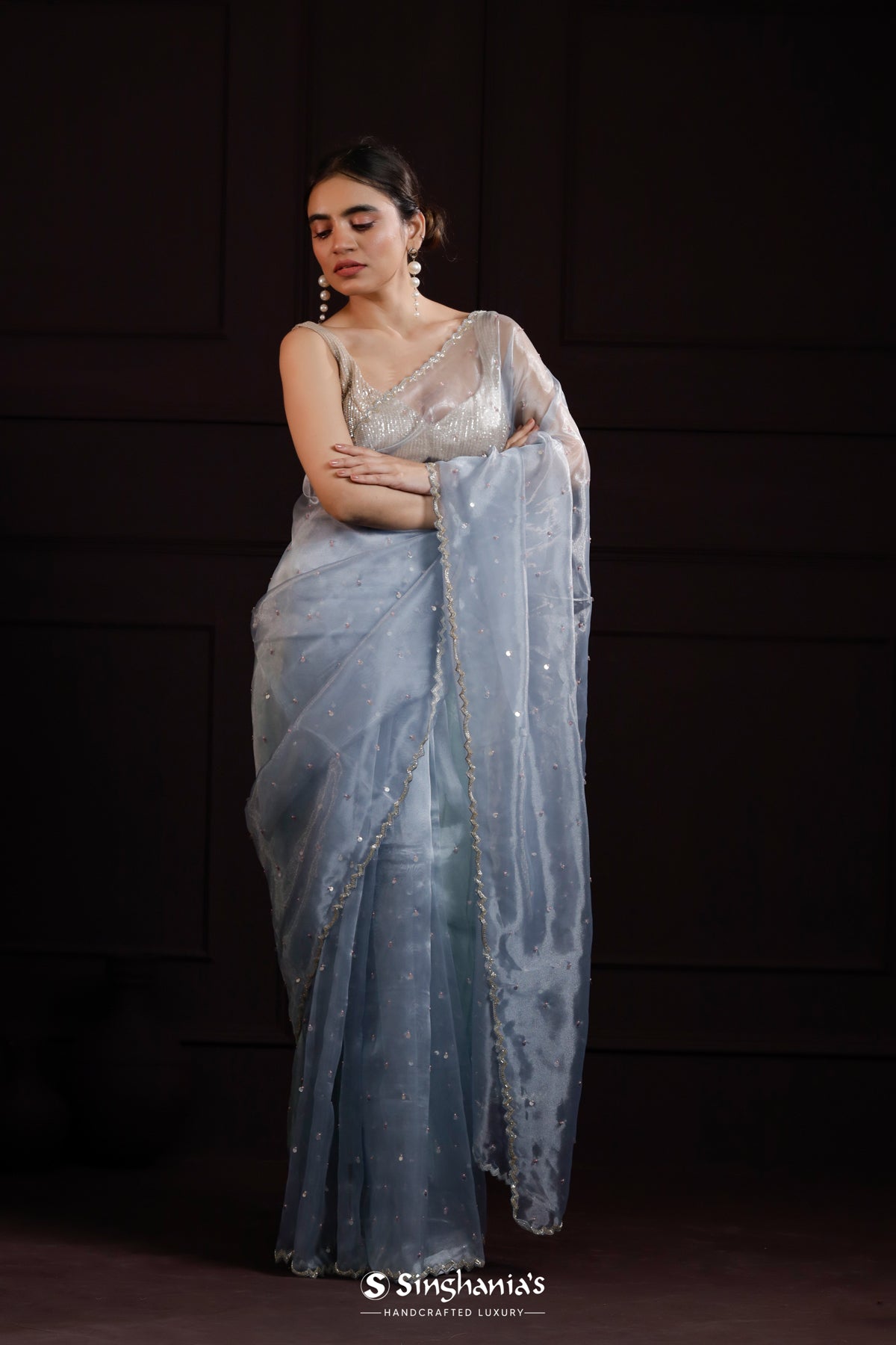 Baby Blue Designer Organza Saree With Hand Embroidery