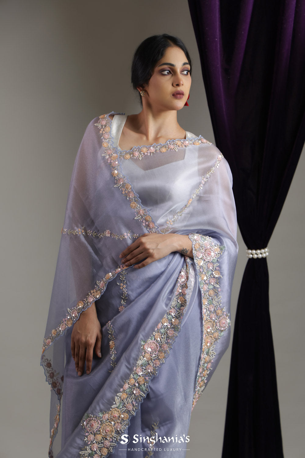 Slate Blue Designer Organza Saree With Floral Stripes Embroidery