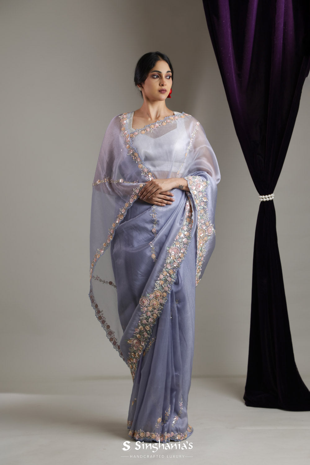 Slate Blue Designer Organza Saree With Floral Stripes Embroidery