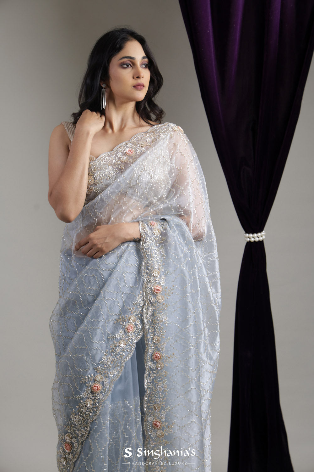 Beau Blue Designer Organza Saree With Hand Embroidery