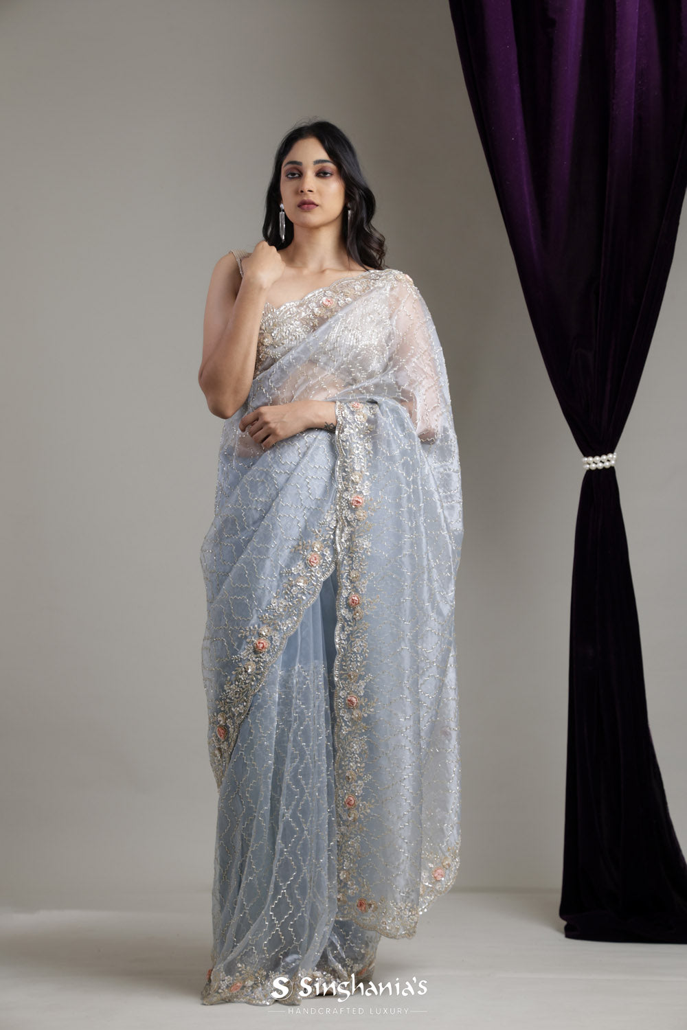 Beau Blue Designer Organza Saree With Hand Embroidery