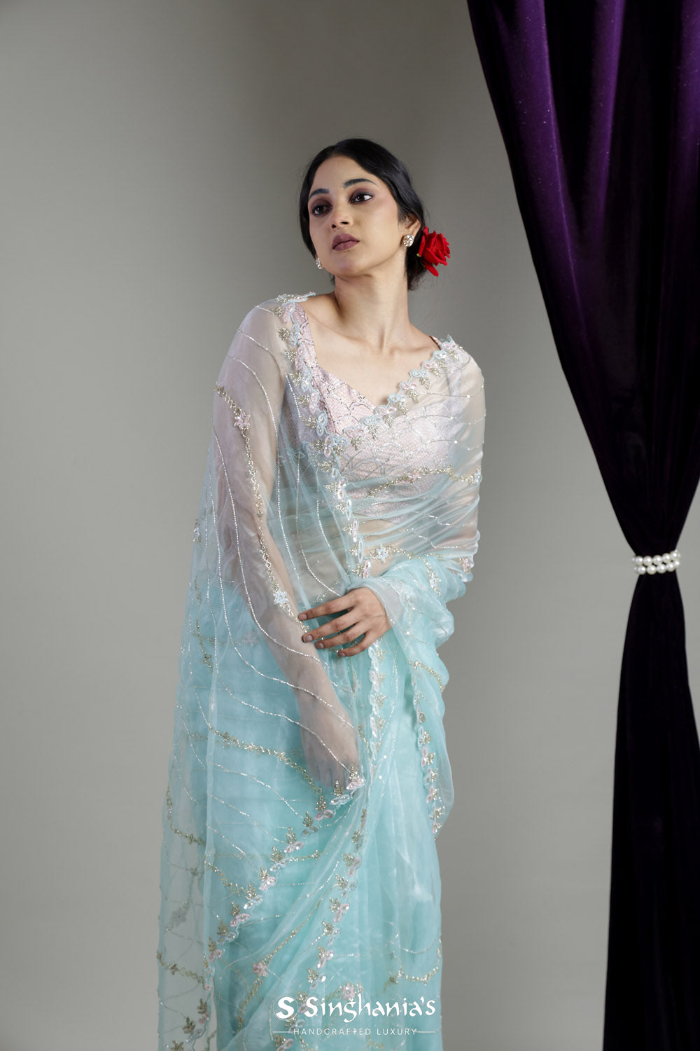 Mint Blue Designer Organza Saree With Hand Embroidery