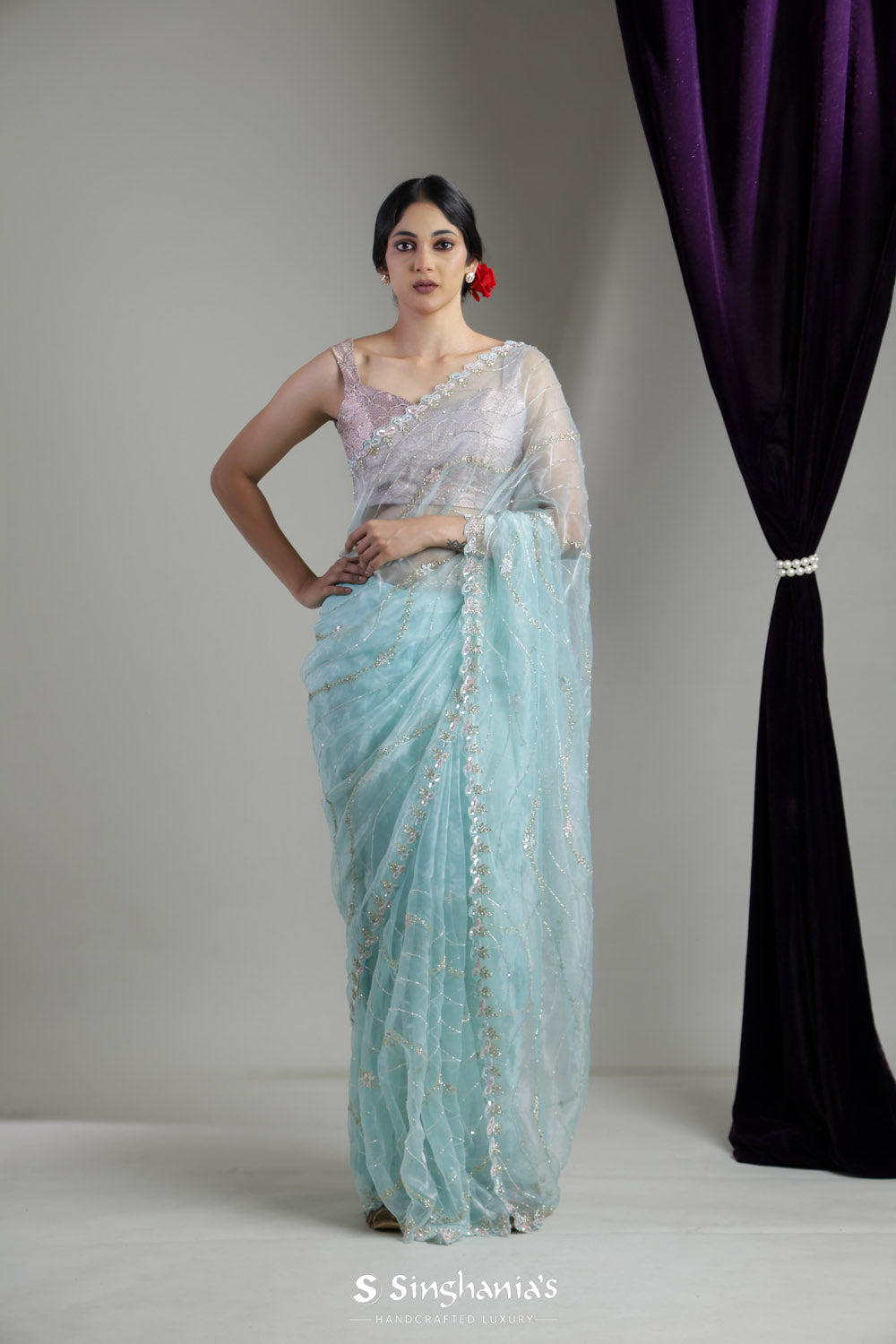 Mint Blue Designer Organza Saree With Hand Embroidery