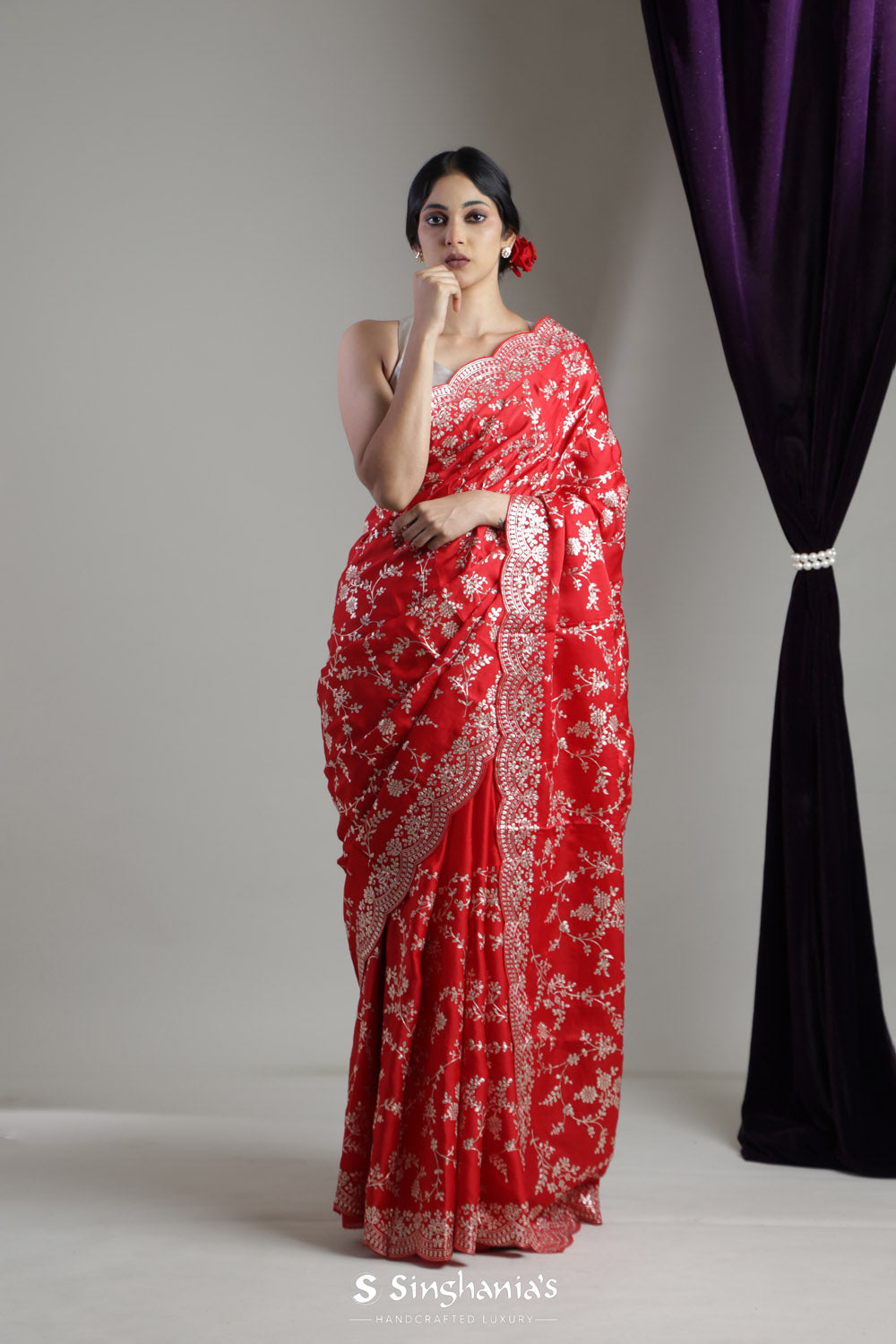 Ajax Red Organza Saree With Floral Jaal Embroidery