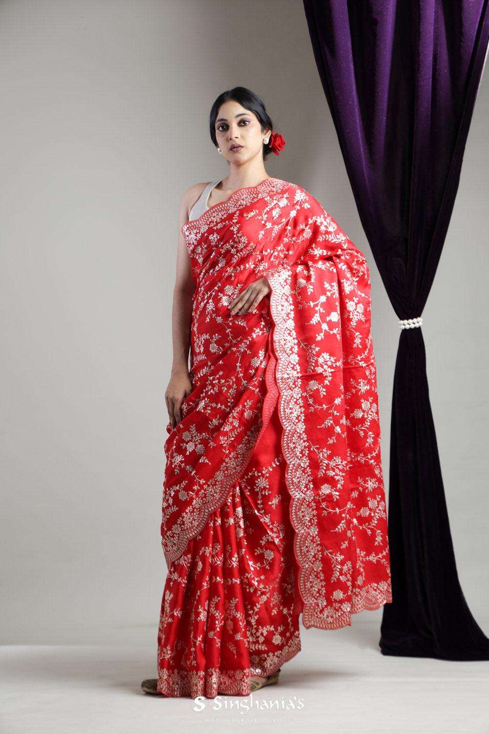 Ajax Red Organza Saree With Floral Jaal Embroidery