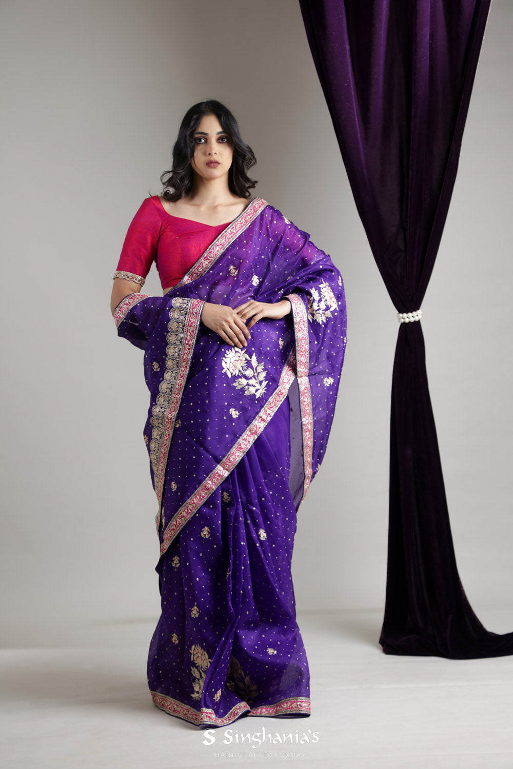 Dark Purple Organza Saree With Contrast Embroidery Border