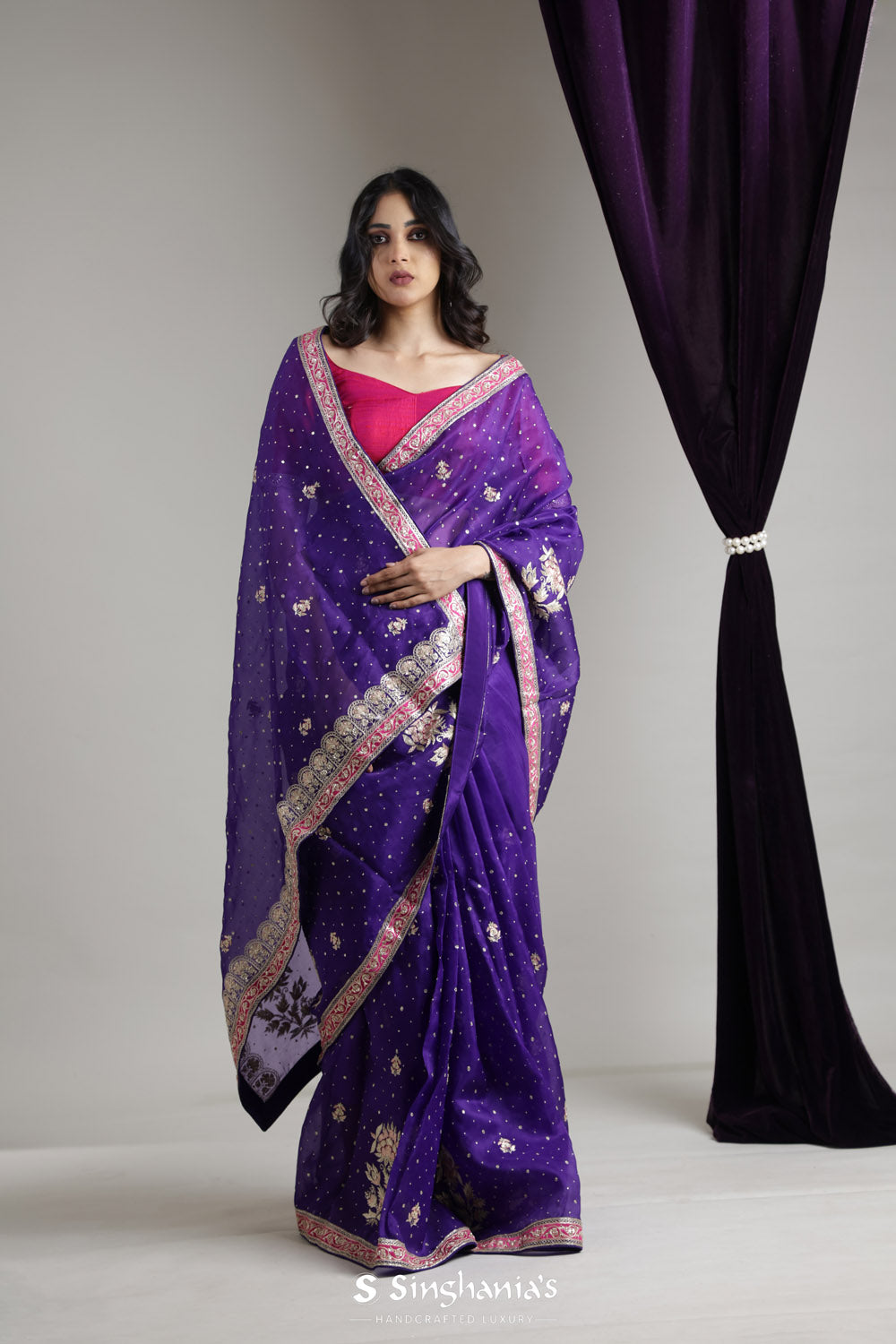 Dark Purple Organza Saree With Contrast Embroidery Border