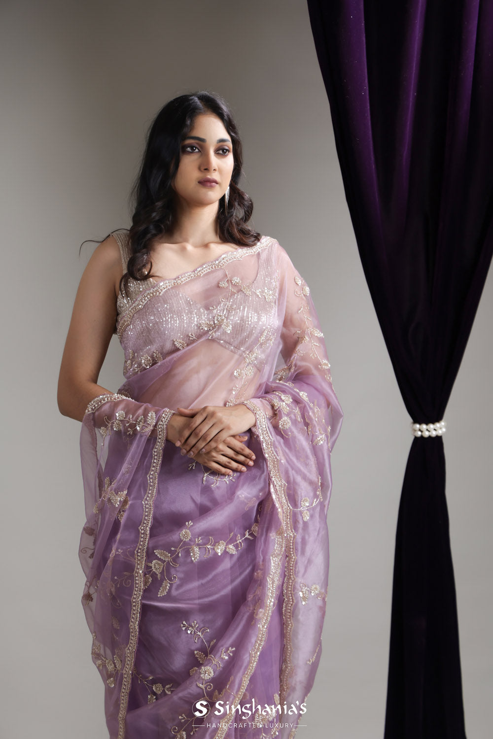 Light Purple Designer Organza Saree With Floral Jaal Embroidery