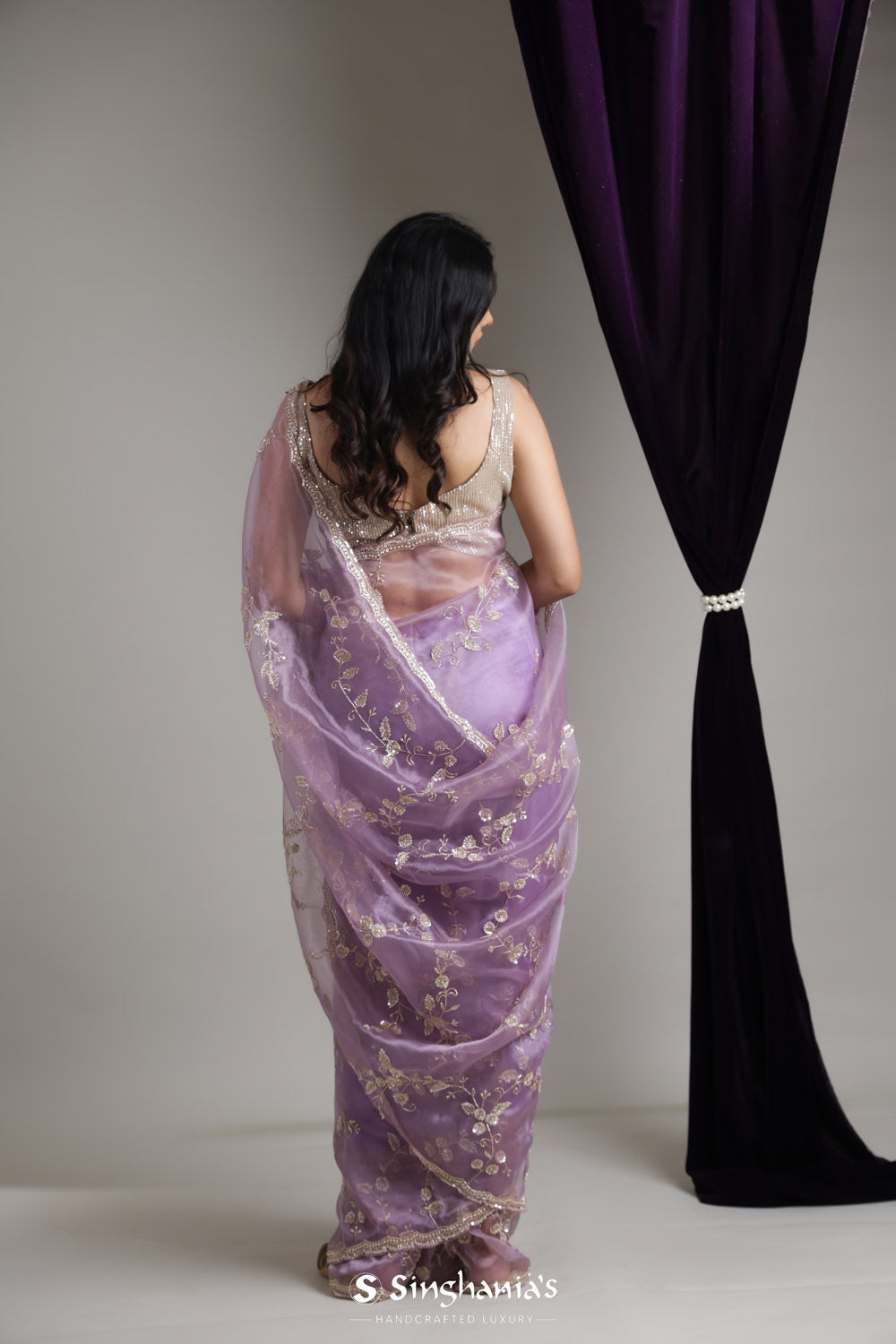 Light Purple Designer Organza Saree With Floral Jaal Embroidery