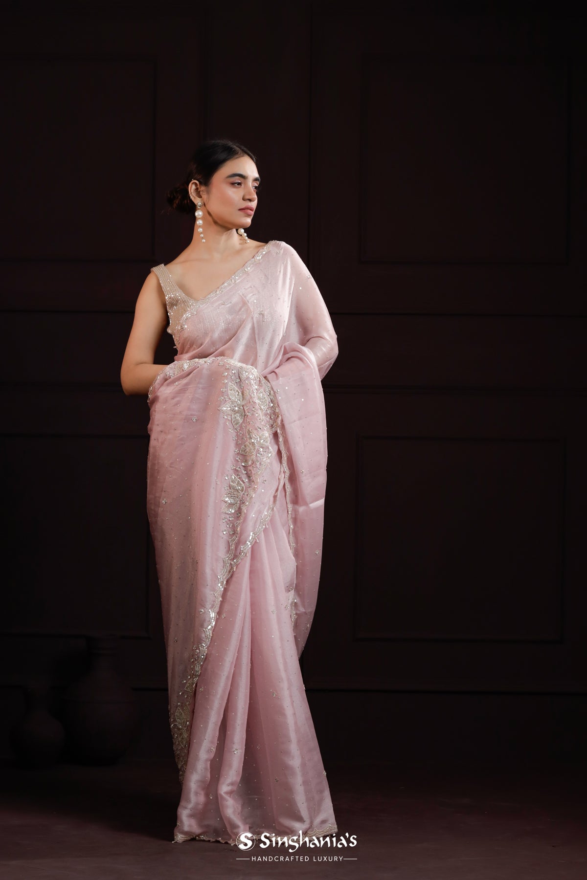 Lemonade Pink Designer Organza Saree With Hand Embroidery