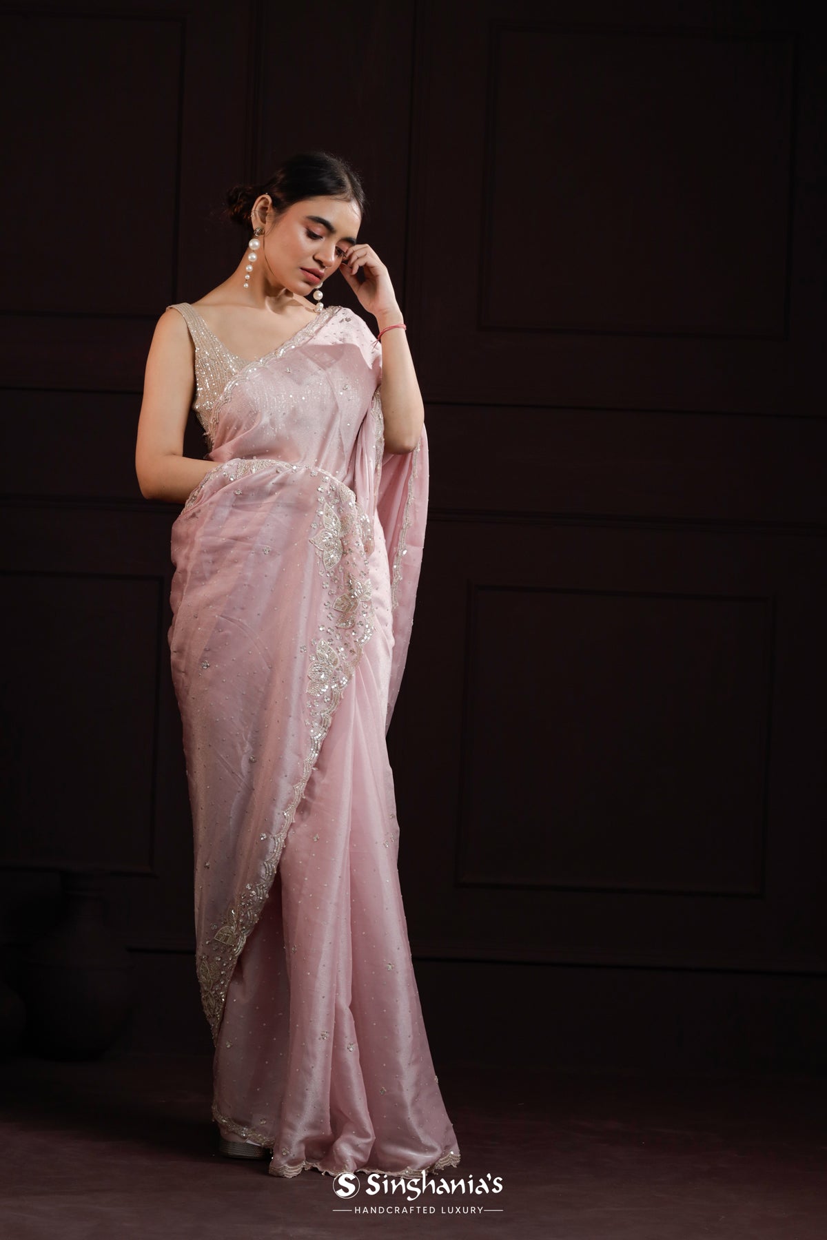 Lemonade Pink Designer Organza Saree With Hand Embroidery