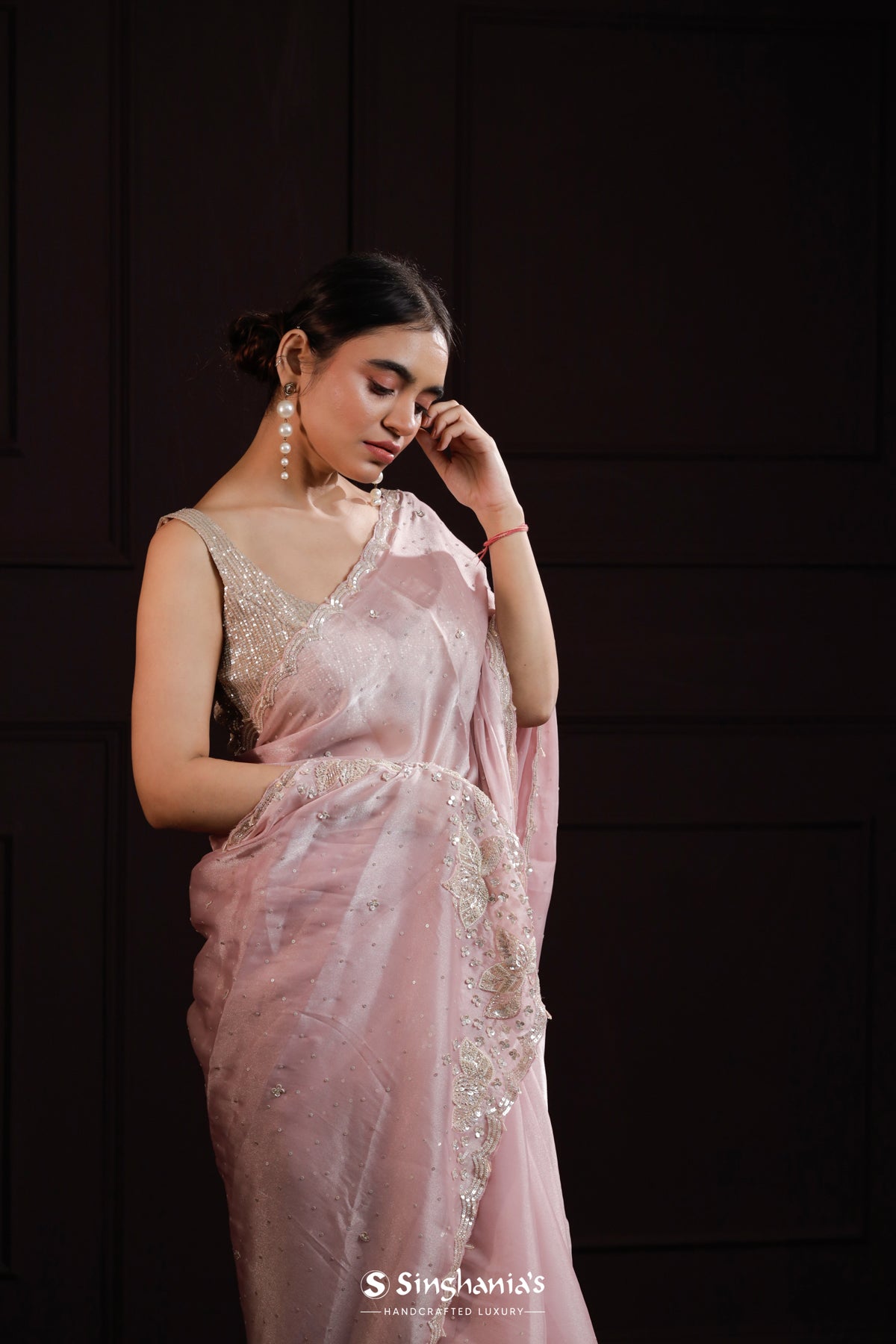 Lemonade Pink Designer Organza Saree With Hand Embroidery