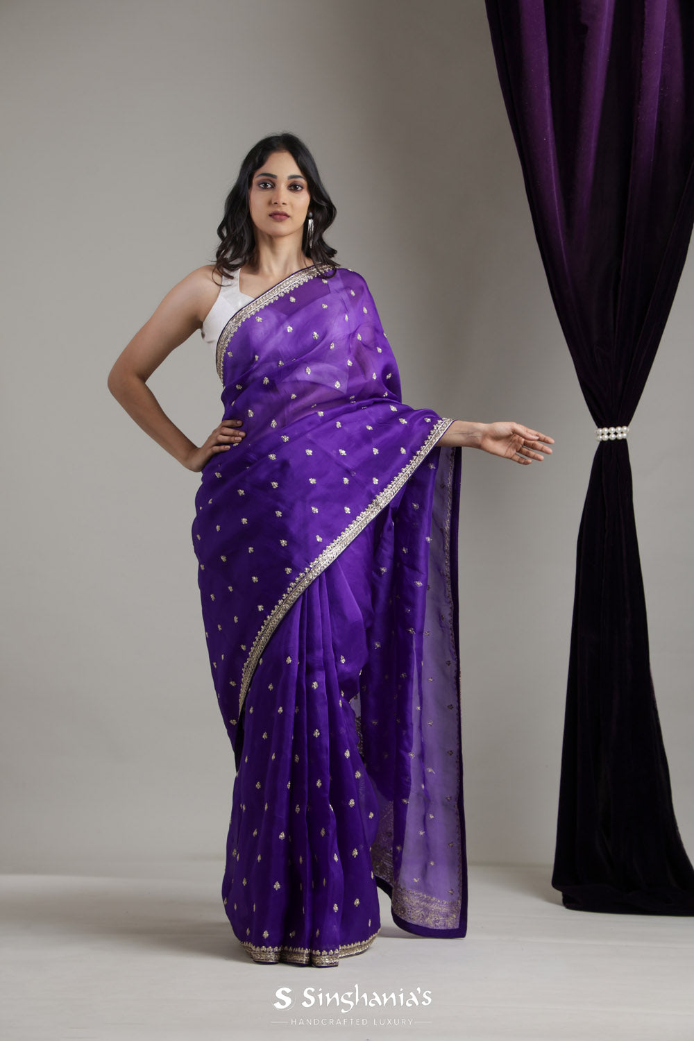 Regalia Purple Designer Organza Saree With Butti Embroidery