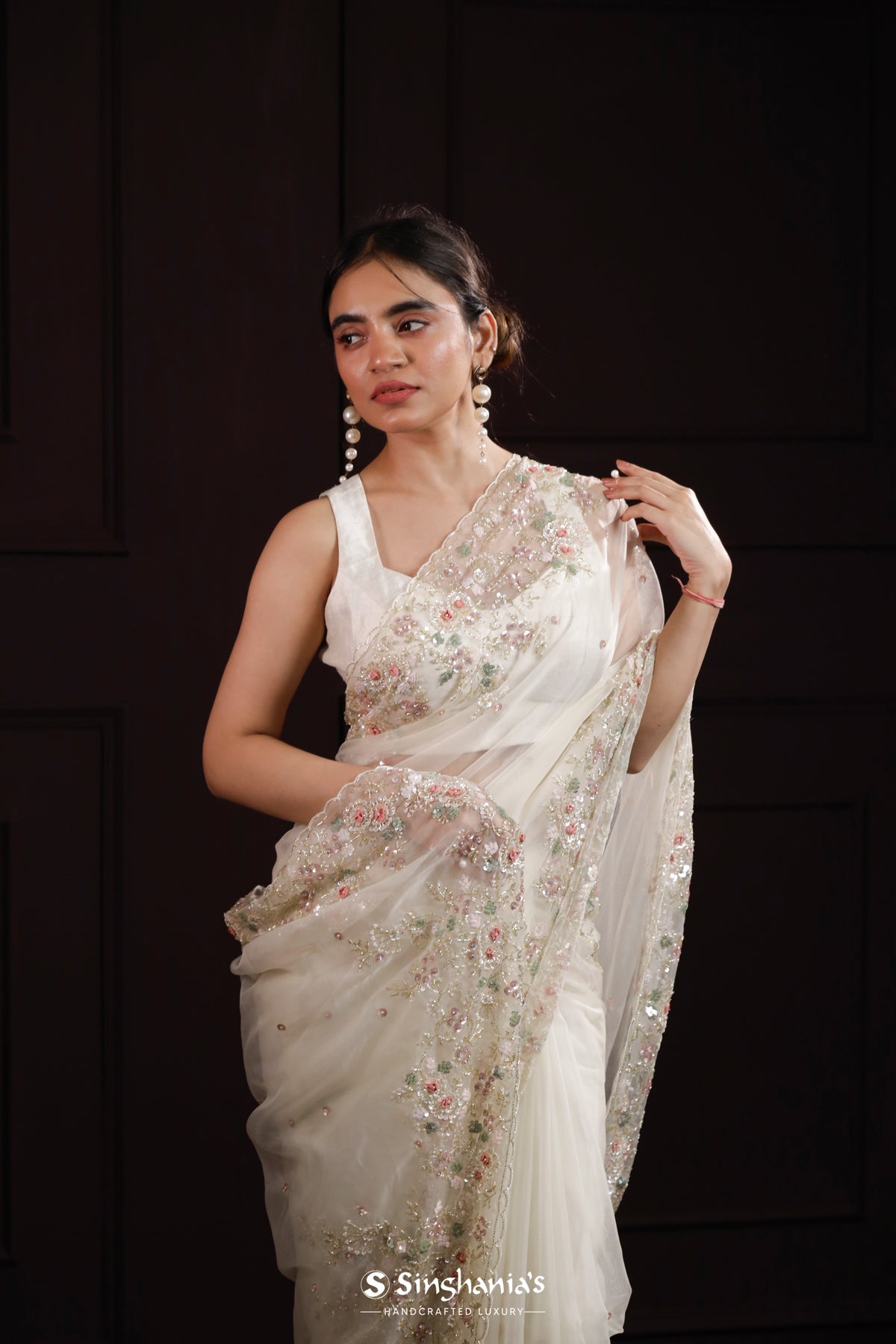 Milk White Organza Designer Saree With Hand Embroidery