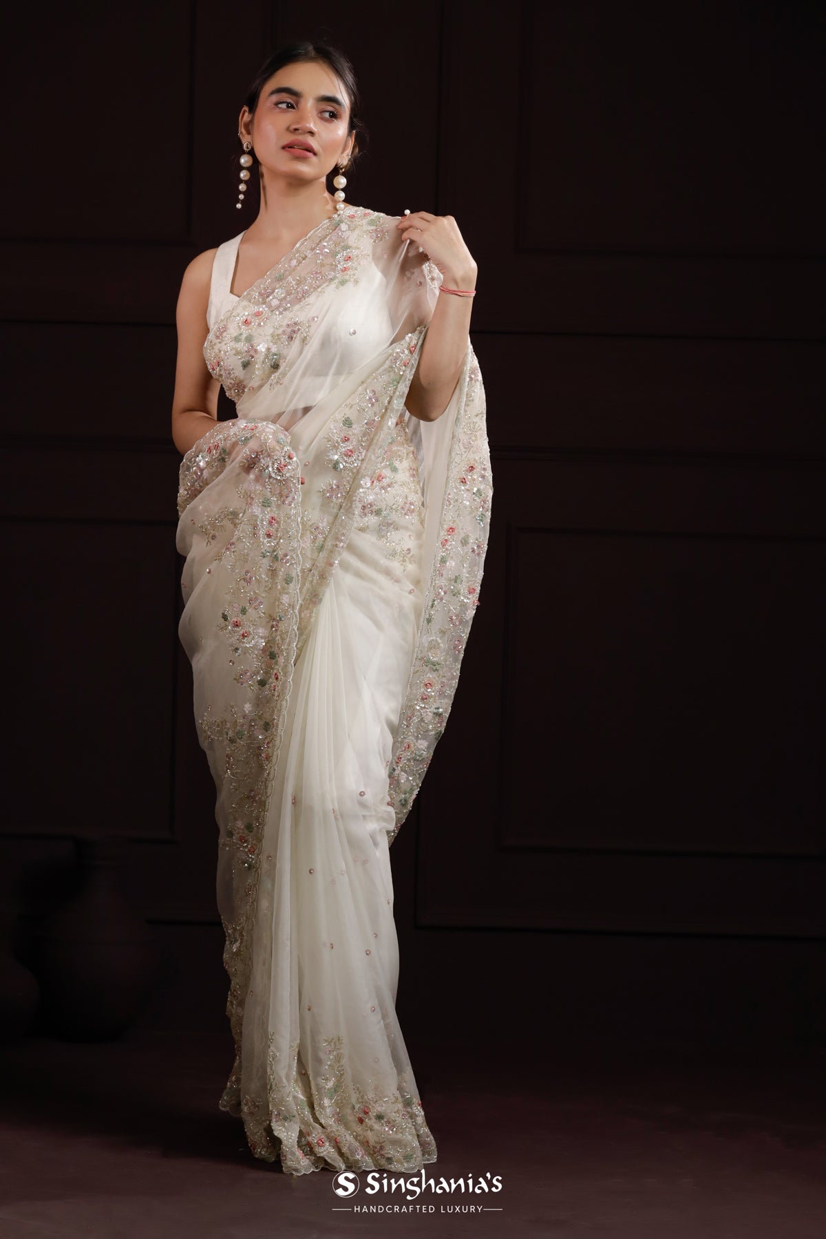 Milk White Organza Designer Saree With Hand Embroidery