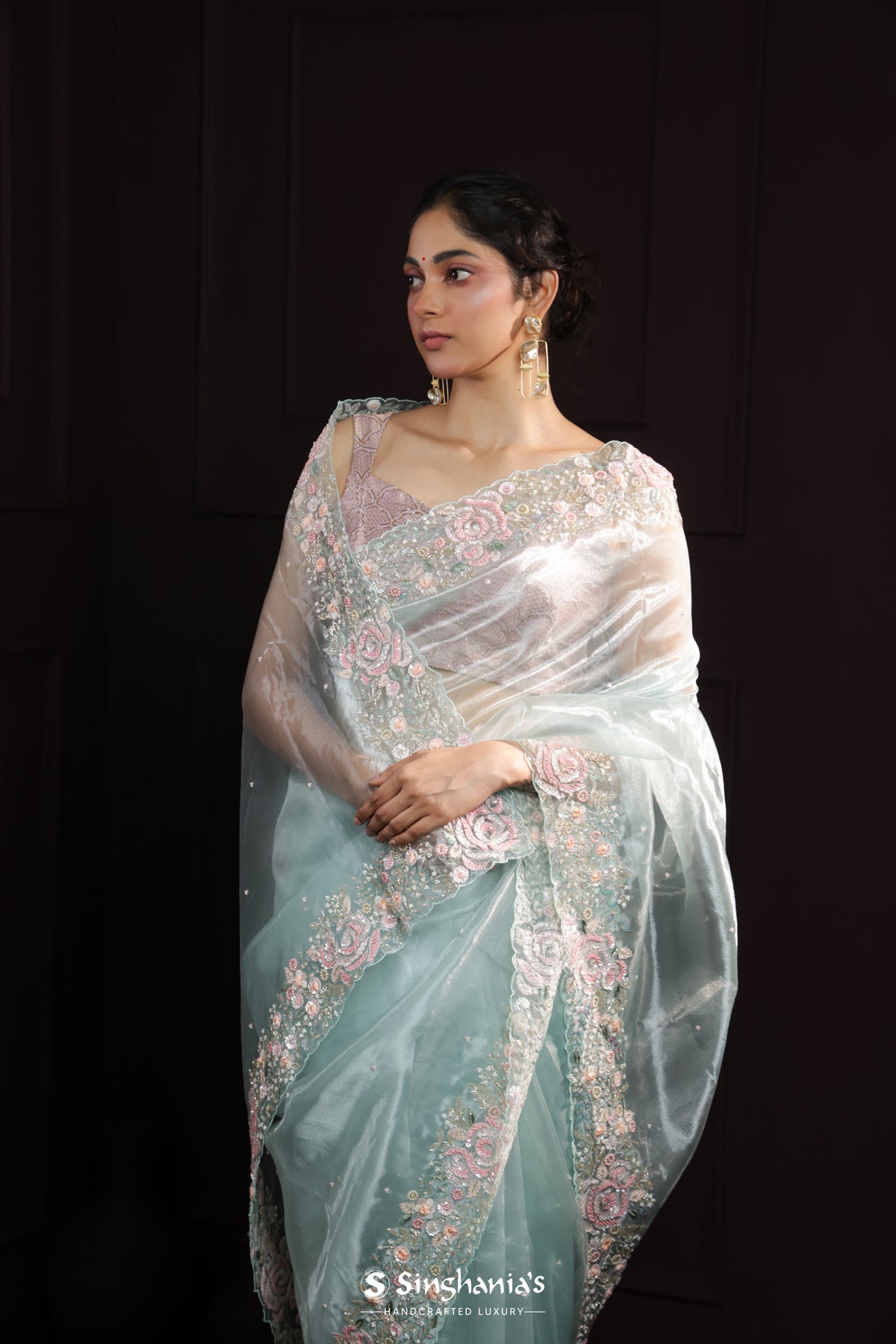 Sky Blue Designer Tissue Organza Saree With Hand Embroidery