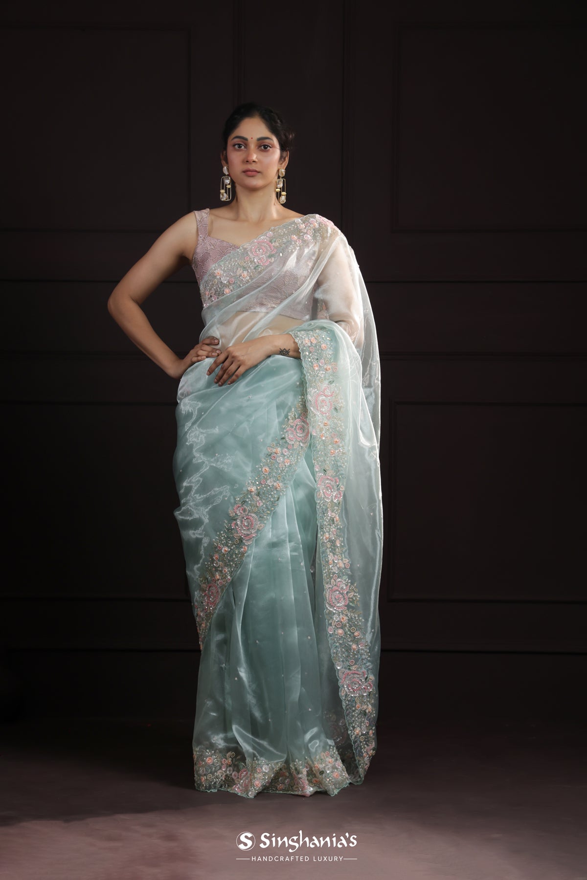 Sky Blue Designer Tissue Organza Saree With Hand Embroidery